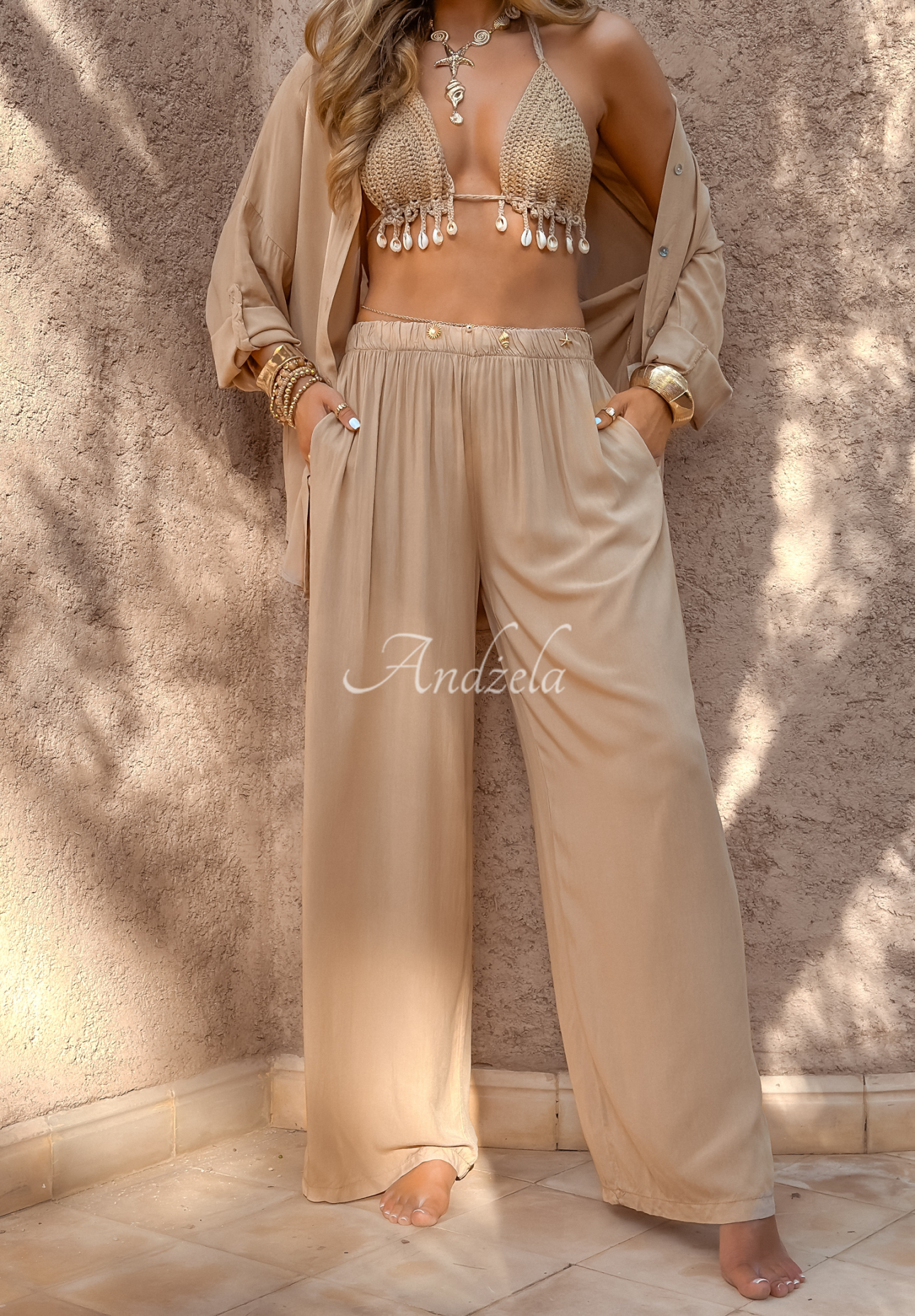 Viskose-Set Hemd und Hose wide leg Summer Skies Camel