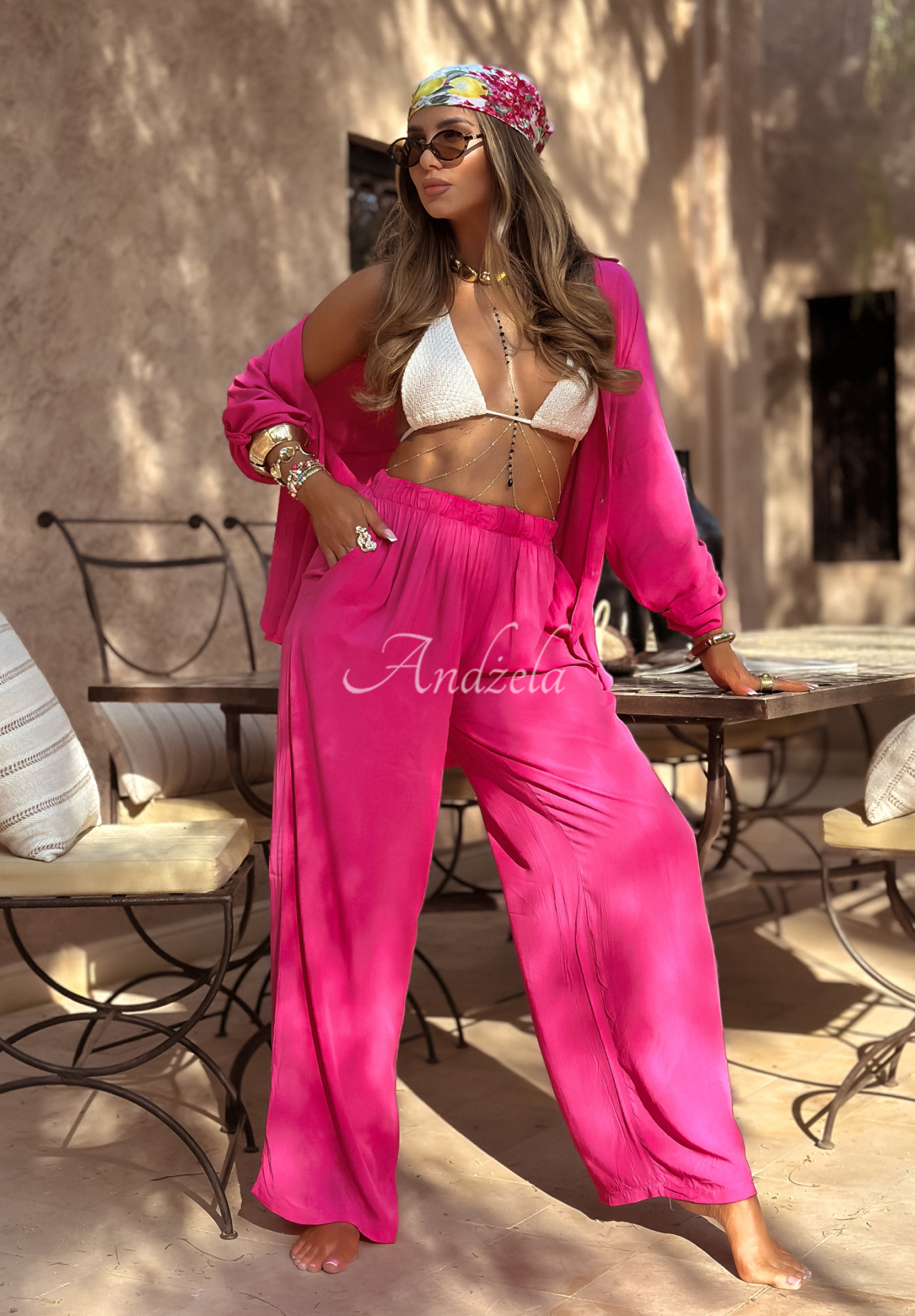 Viskose-Set Hemd und Hose wide leg Summer Skies Fuchsia