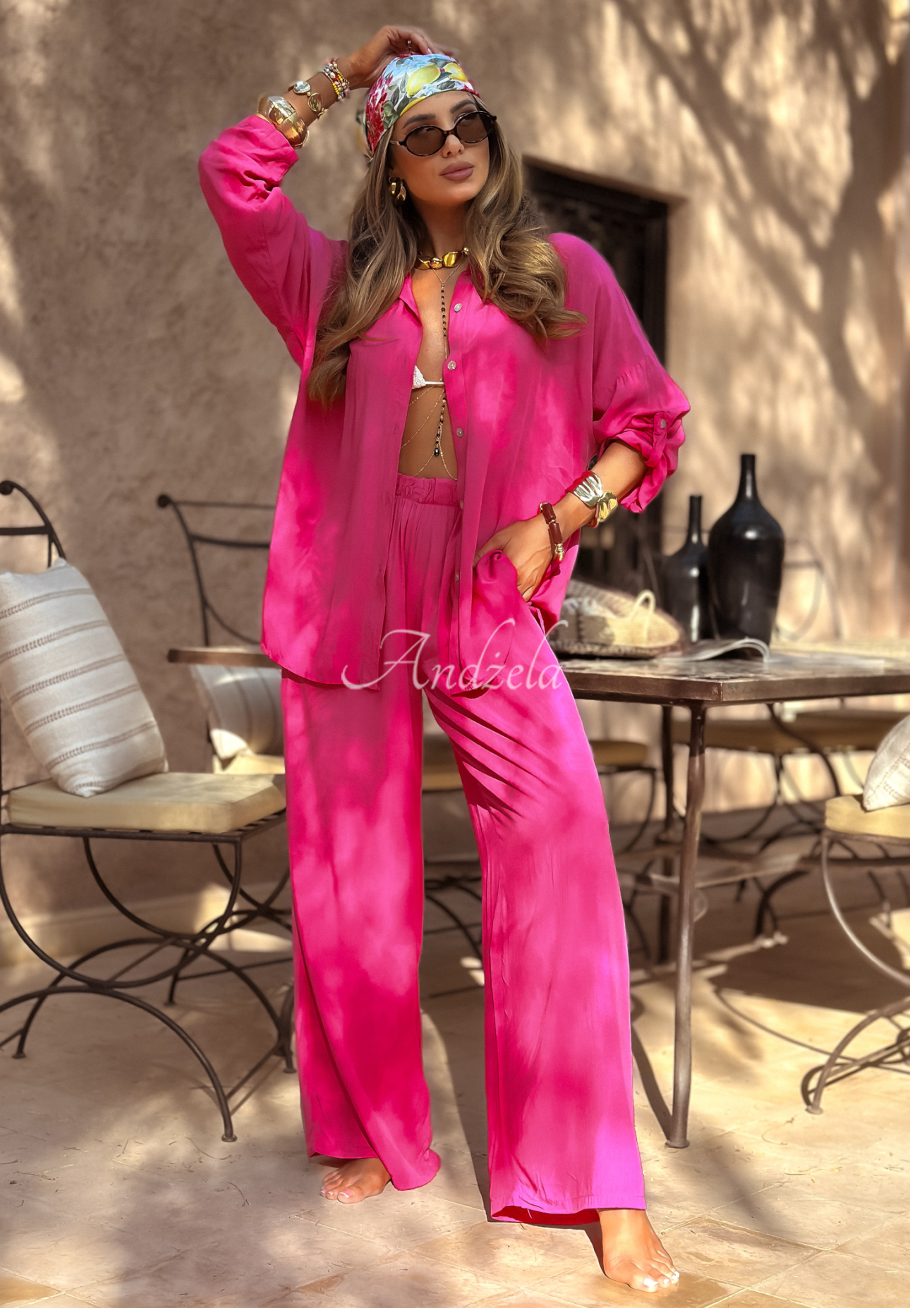 Viscose set wide leg shirt and pants Summer Skies fuchsia