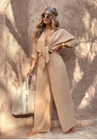 Wiskozowy komplet koszula i spodnie wide leg Summer Skies camelowy