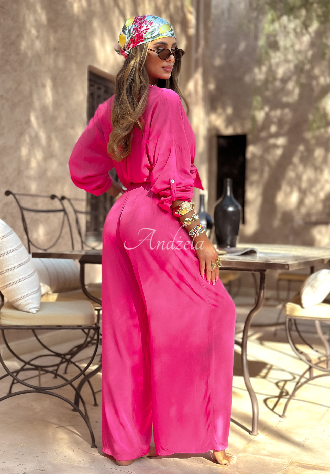 Viscose set wide leg shirt and pants Summer Skies fuchsia
