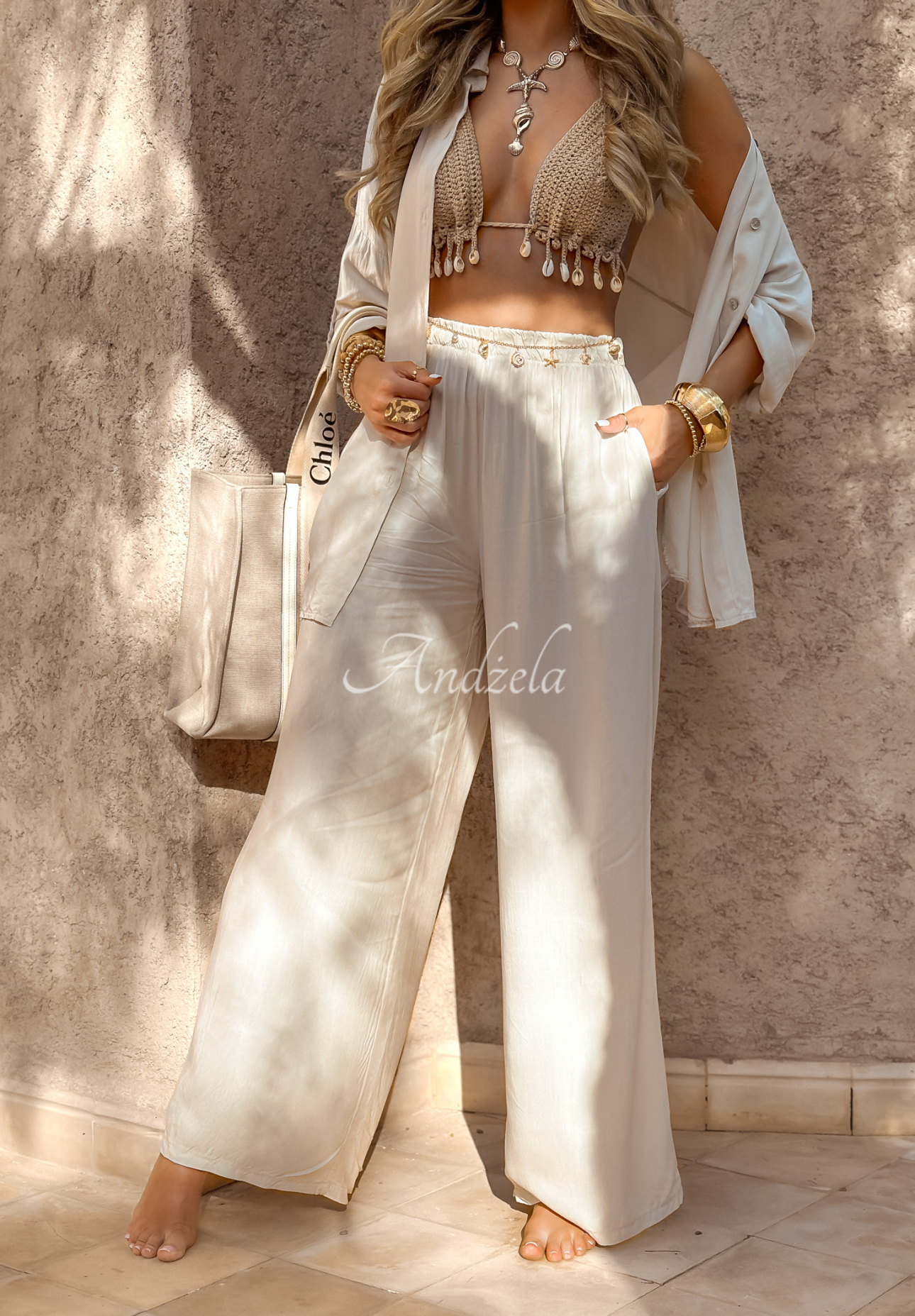 Viscose set wide leg shirt and pants Summer Skies light beige