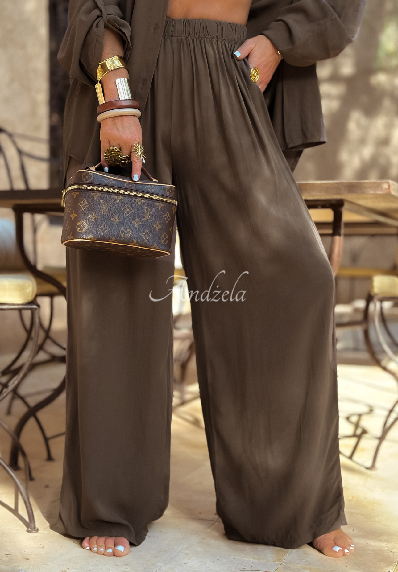 Viscose set wide leg shirt and pants Summer Skies chocolate
