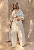 Wiskozowy komplet koszula i spodnie wide leg Summer Skies jasnobeżowy