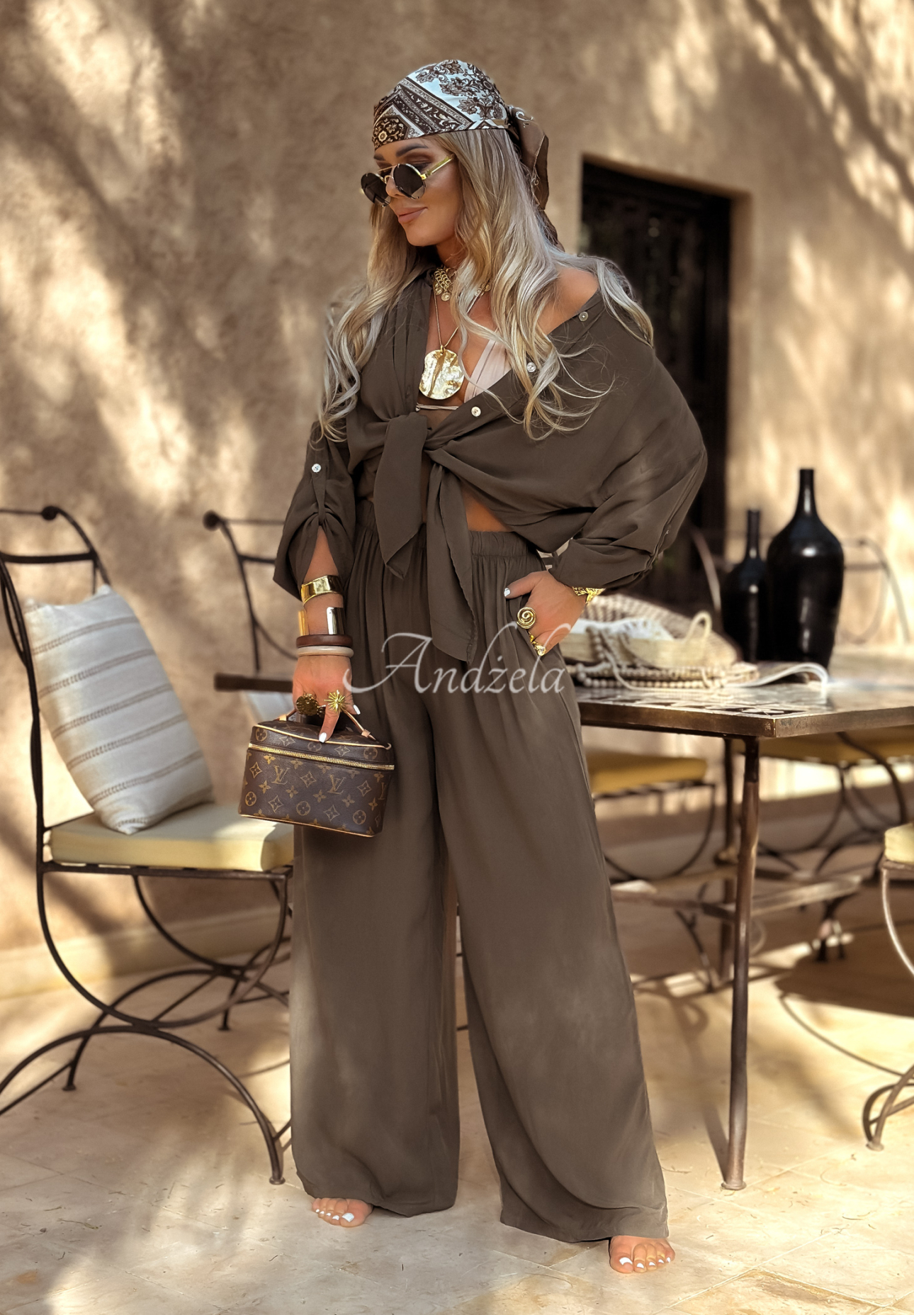 Viskose-Set Hemd und Hose wide leg Summer Skies Schokoladenbraun