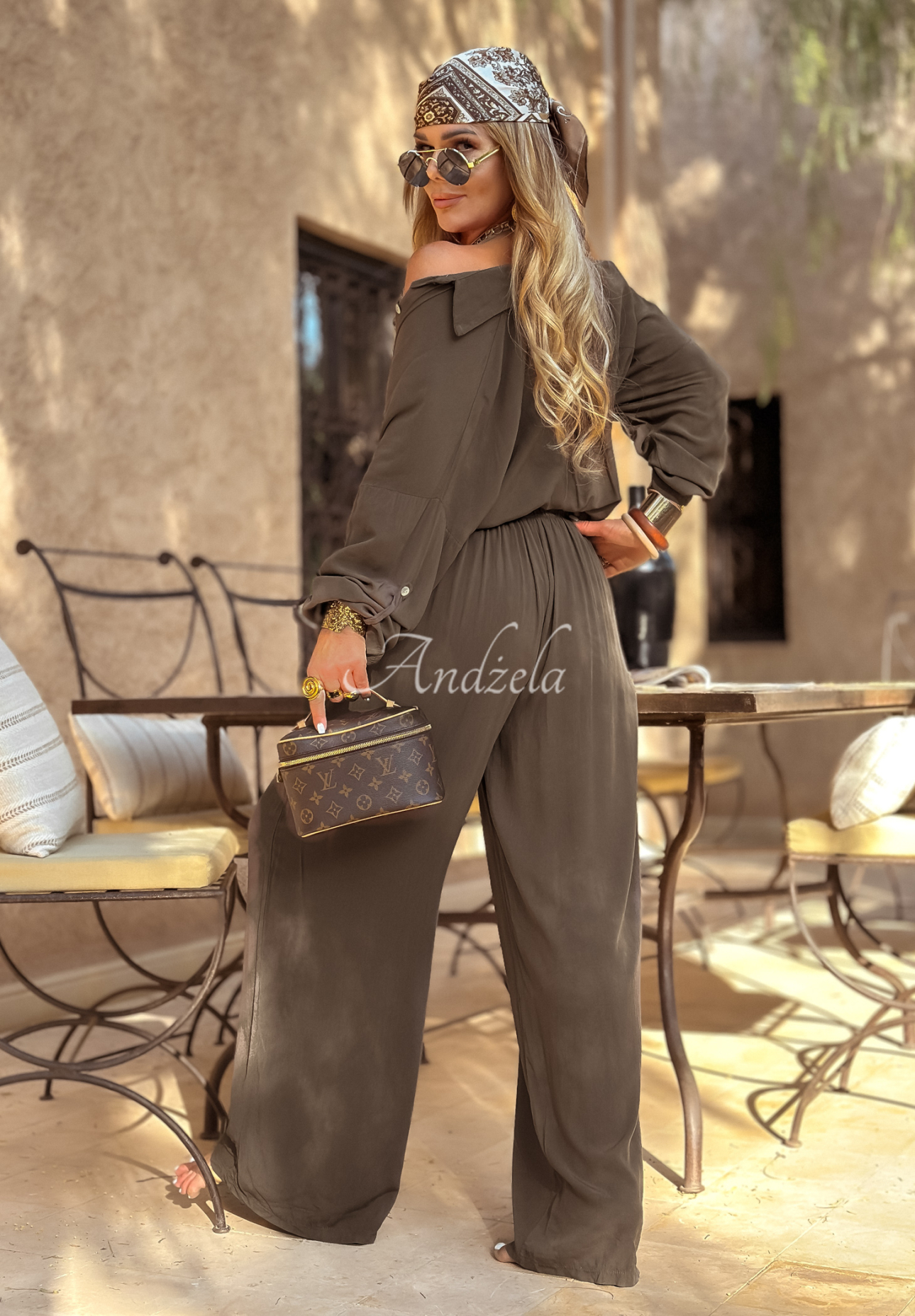 Viscose set wide leg shirt and pants Summer Skies chocolate