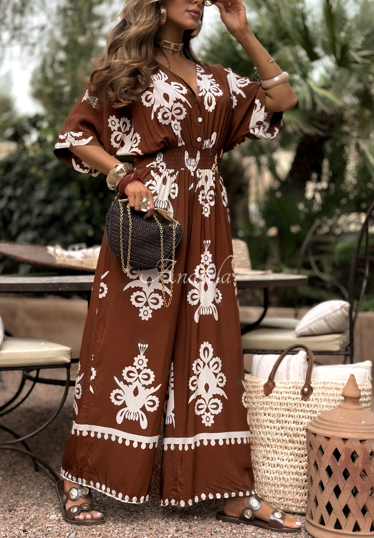 Langer gemusterter Viskose-Jumpsuit Rayna braun-beige