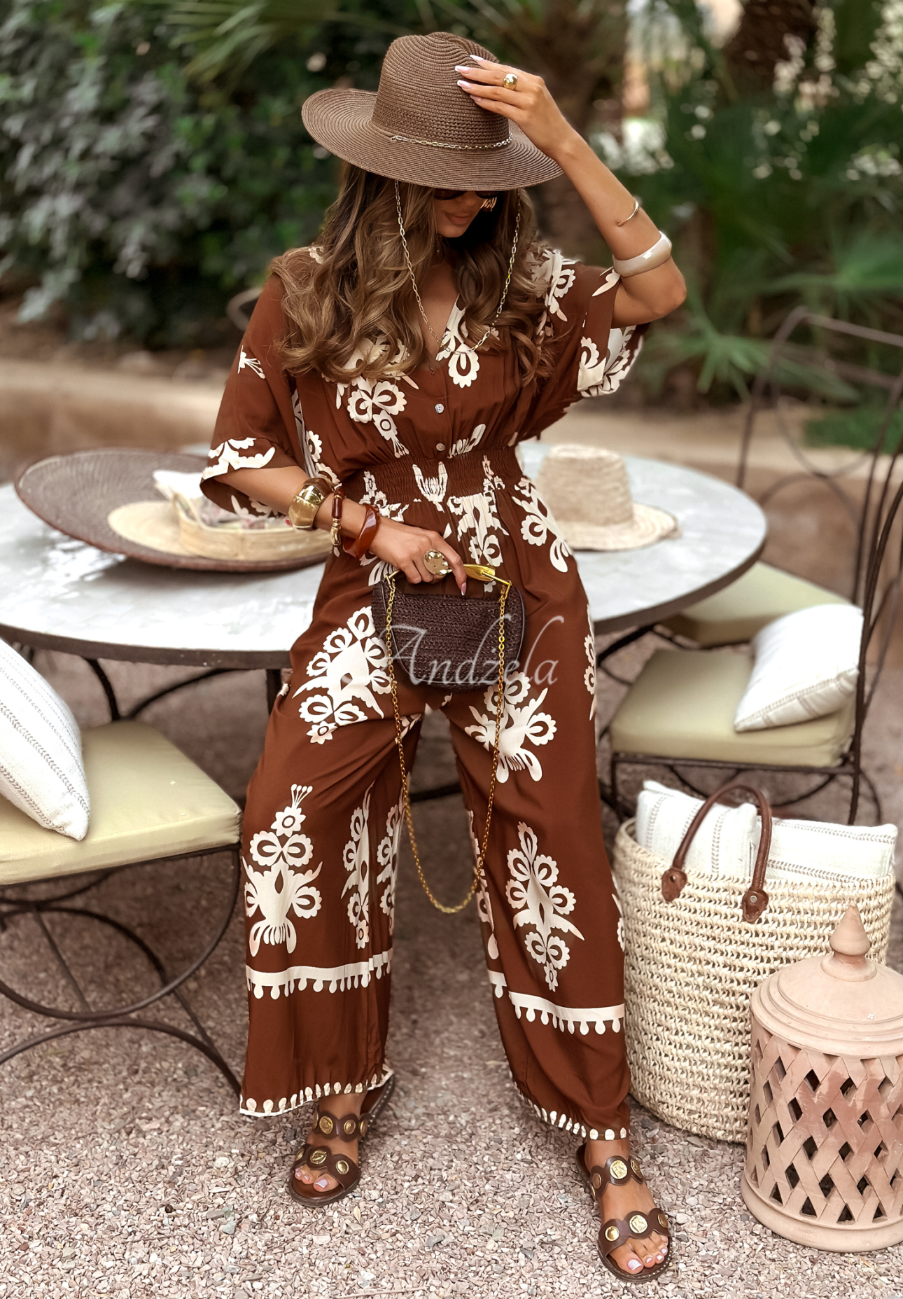 Langer gemusterter Viskose-Jumpsuit Rayna braun-beige