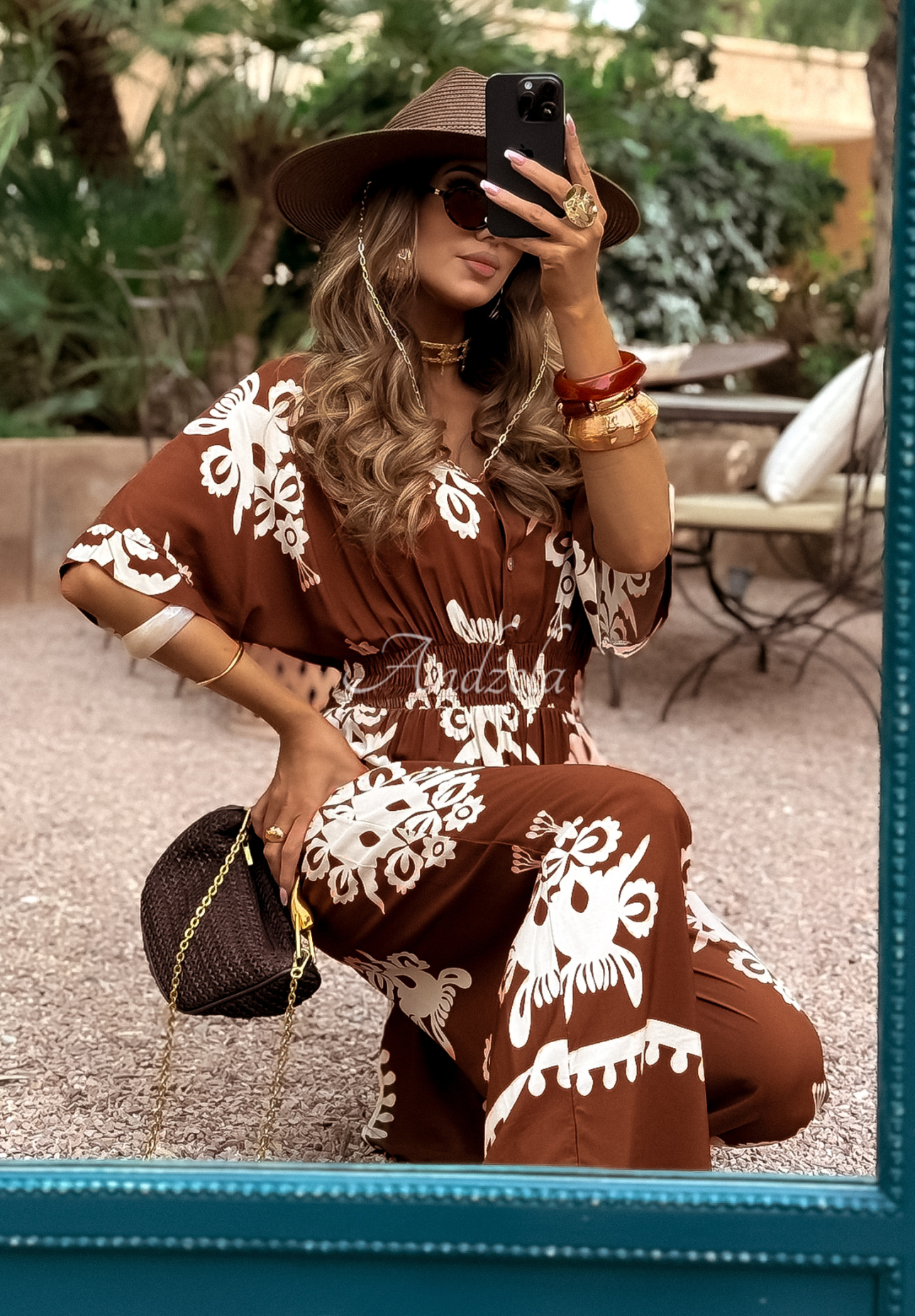 Langer gemusterter Viskose-Jumpsuit Rayna braun-beige
