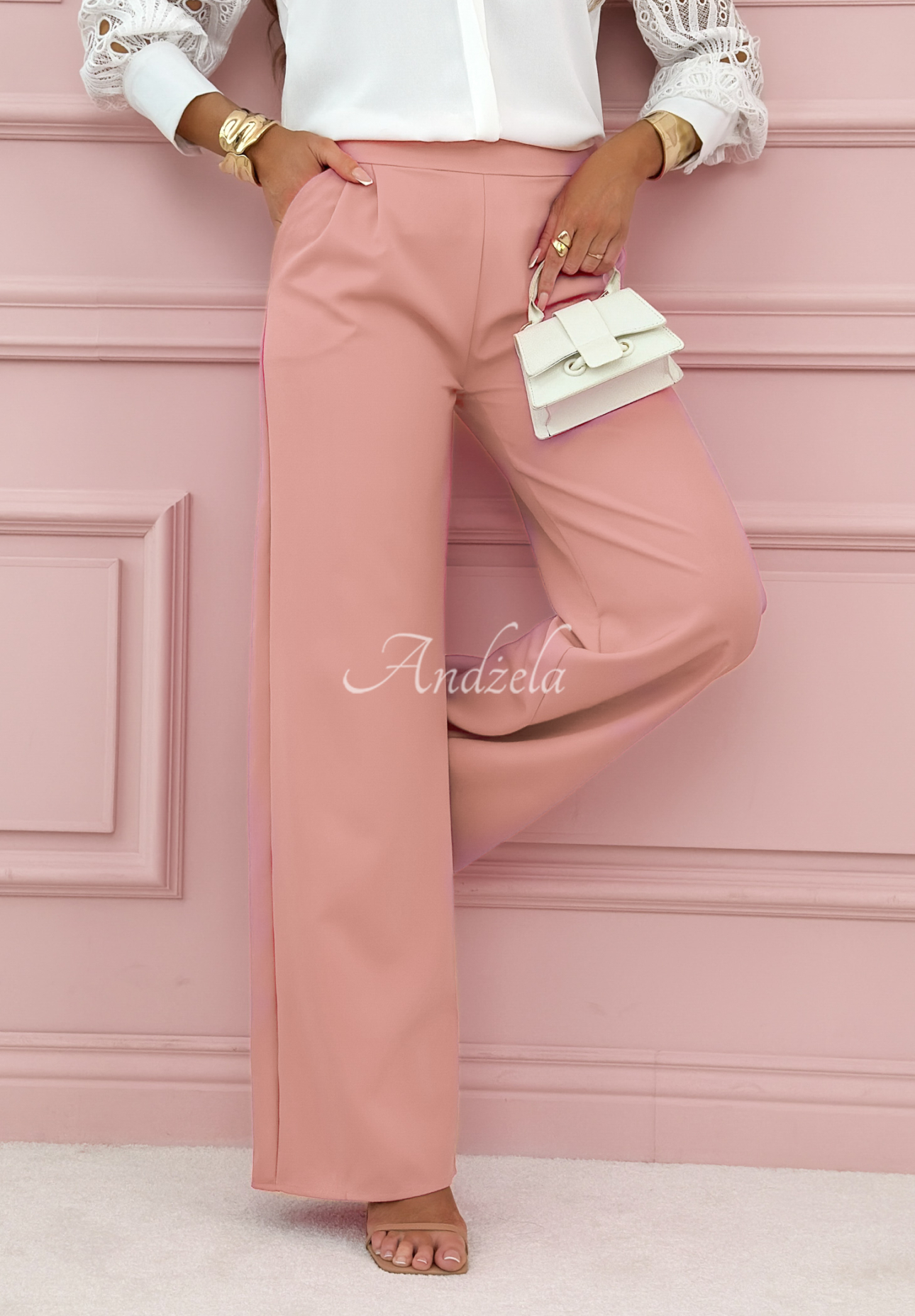 Elegant wide leg pants Glamour Flow light powder pink