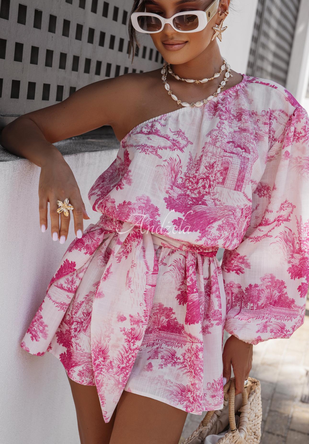 Asymmetrischer Jumpsuit aus Leinen mit Muster La Milla Dreamy Places Rosa