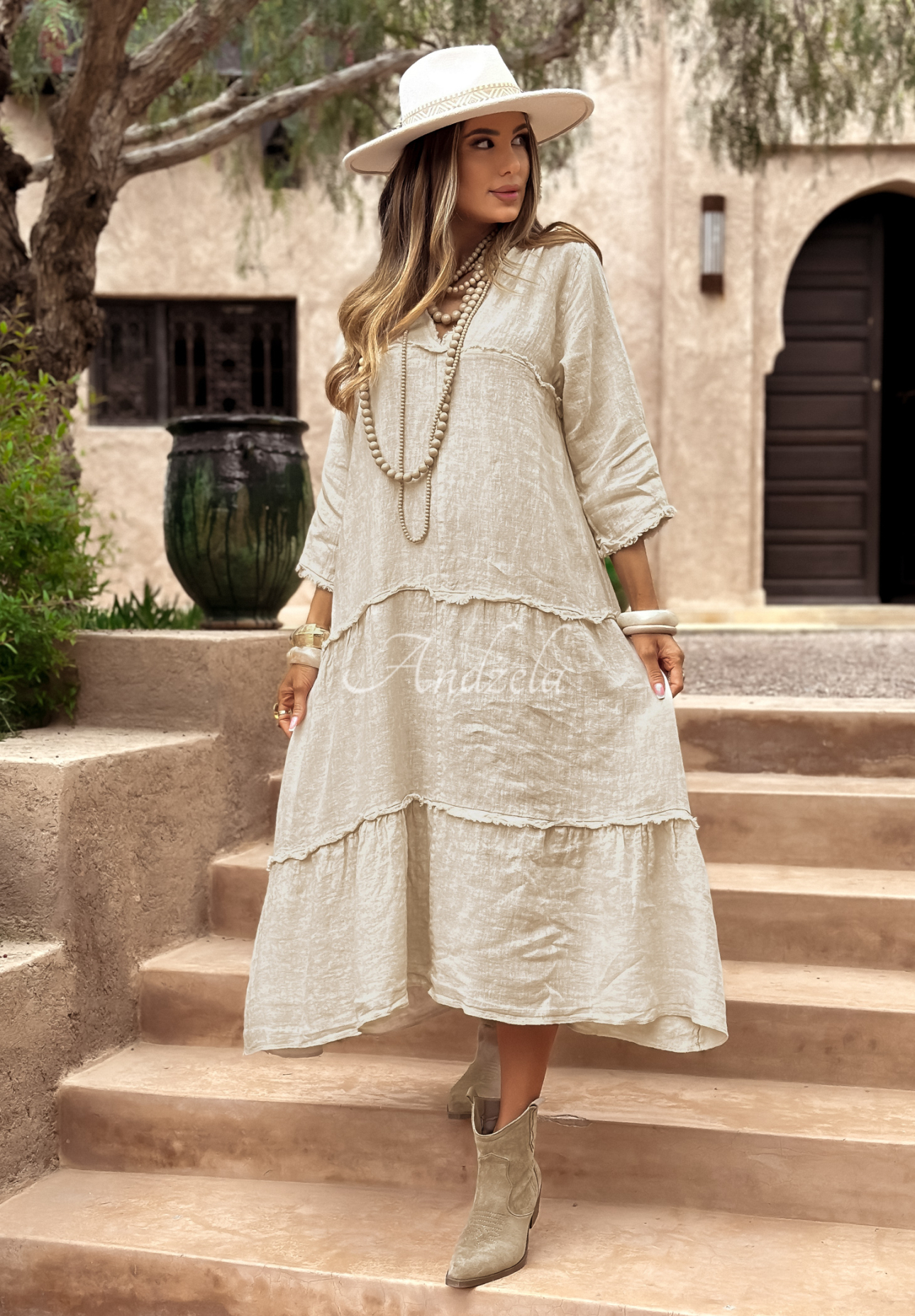 Leinen-Kleid midi Follow The Road Beige