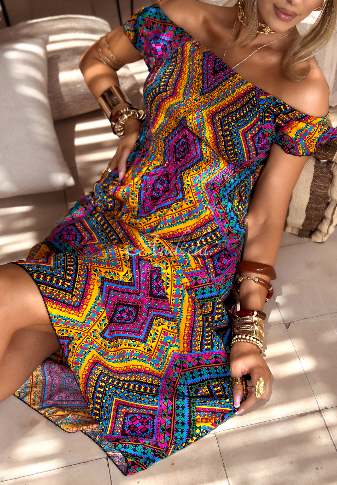 Viskosekleid mit Puffärmeln in Muster French Polynesia gelb-lila