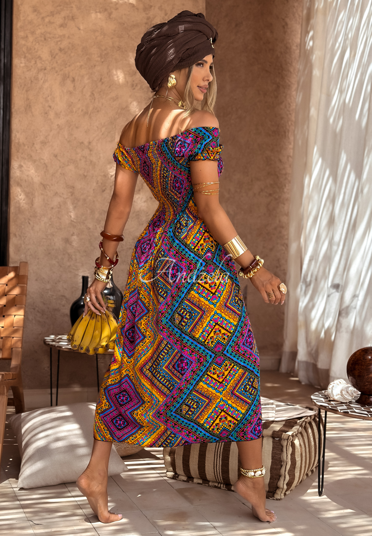 Viskosekleid mit Puffärmeln in Muster French Polynesia gelb-lila