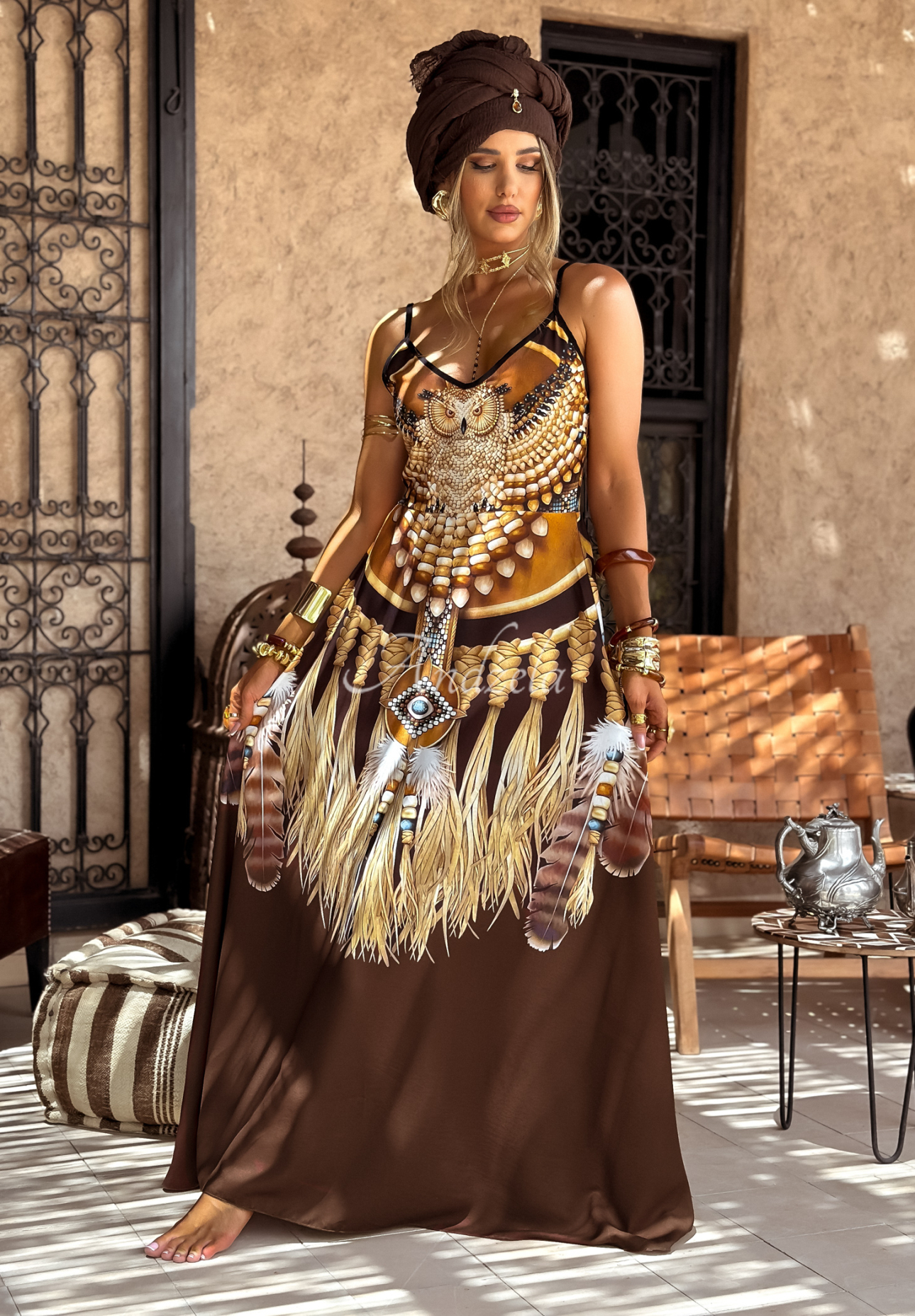Gemustertes Kleid maxi mit Trägern Ananya Schokoladenbraun