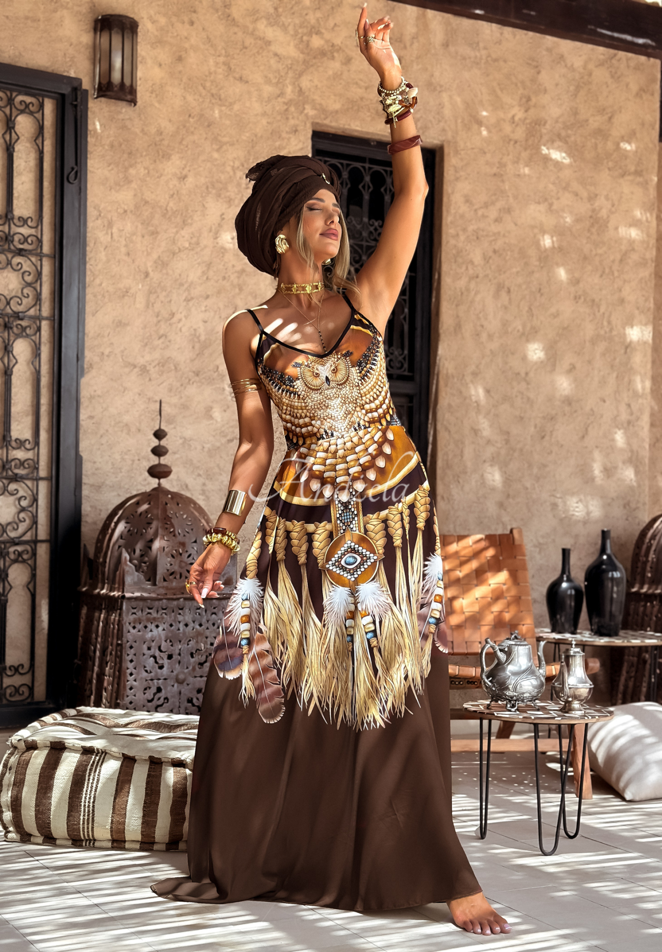 Gemustertes Kleid maxi mit Trägern Ananya Schokoladenbraun