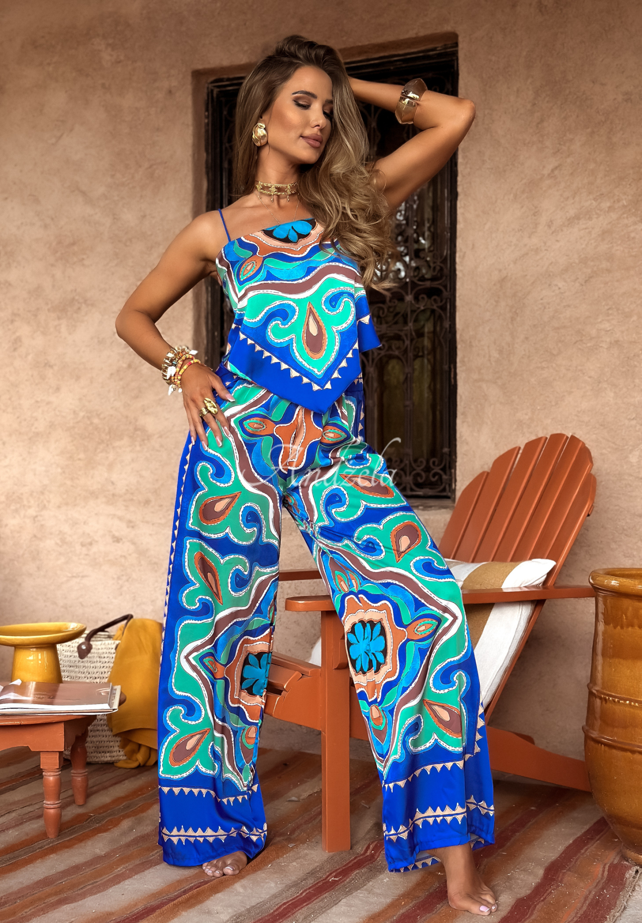 Satinset Top und Hose wide leg Serene Escape Dunkelblau