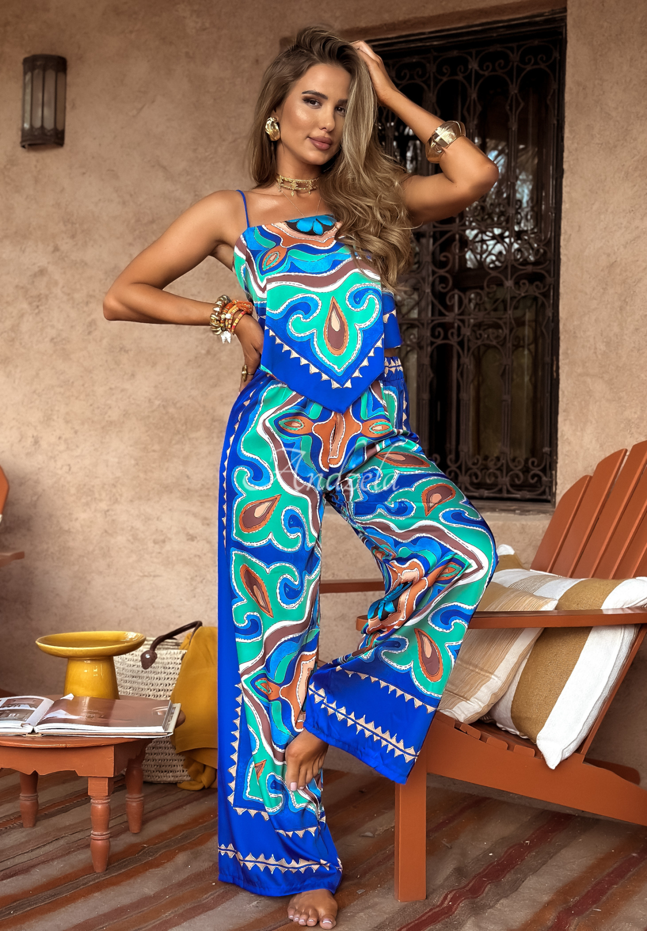 Satinset Top und Hose wide leg Serene Escape Dunkelblau