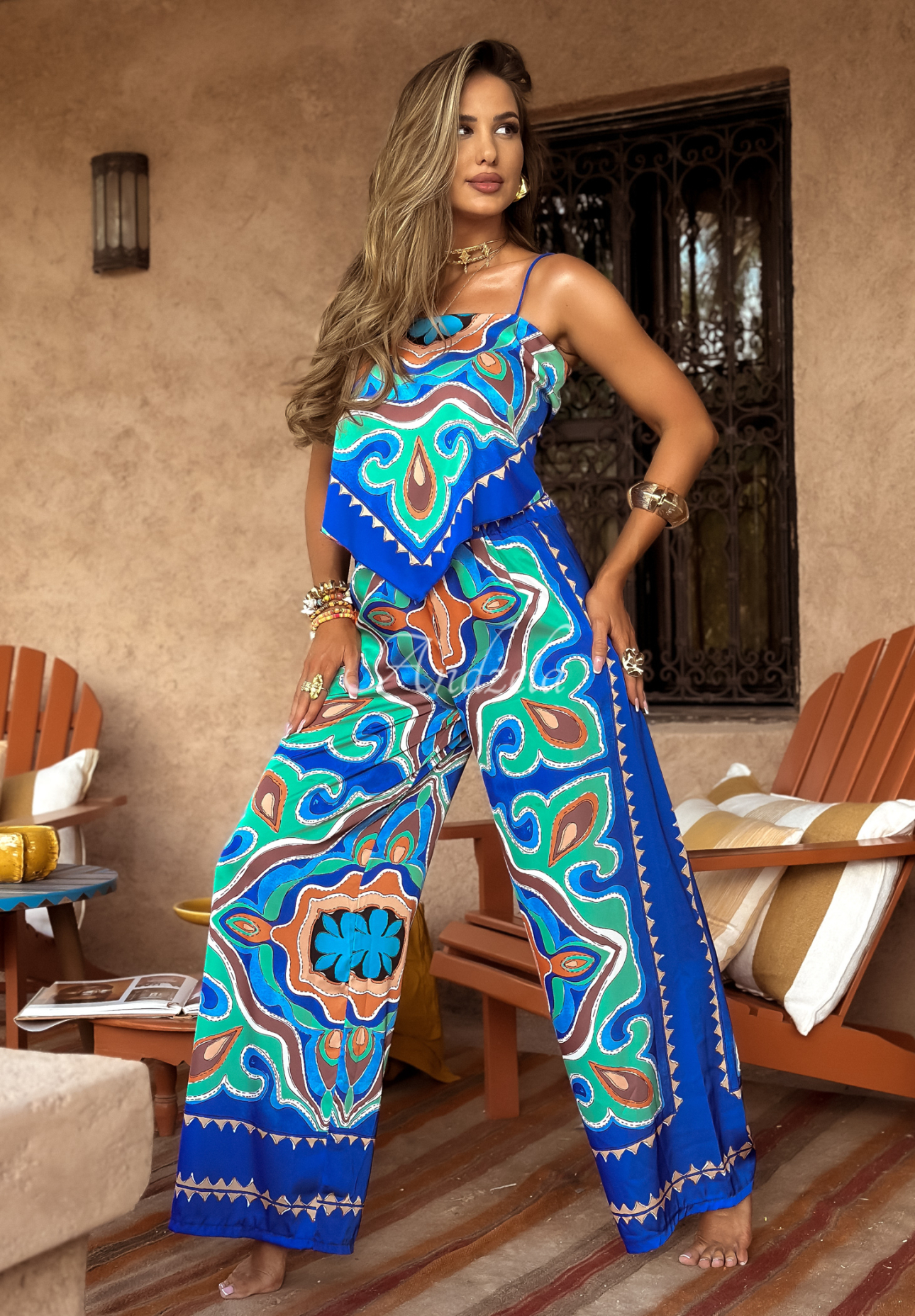 Satinset Top und Hose wide leg Serene Escape Dunkelblau