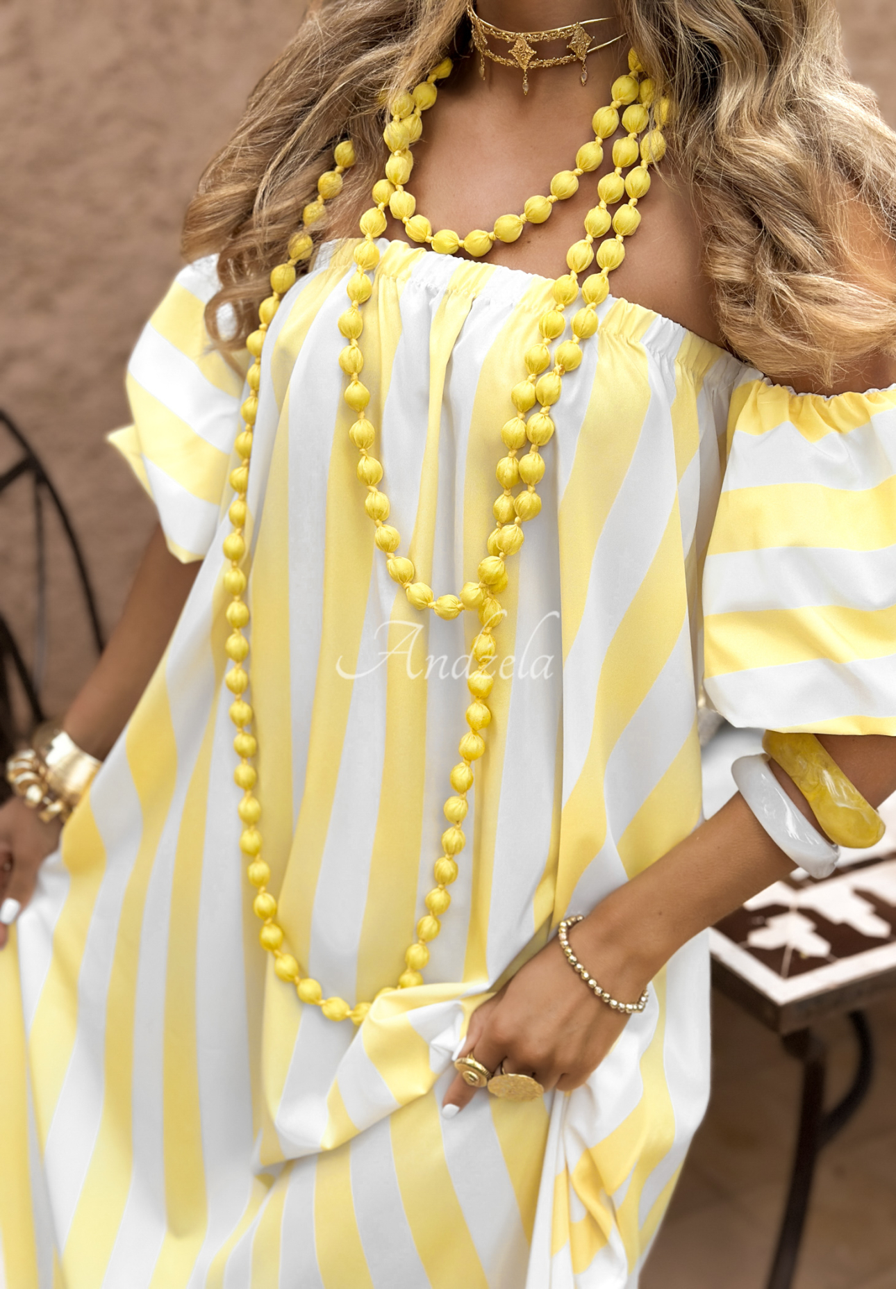 Gestreiftes Off-Shoulder-Kleid Gloria weiß-Gelb