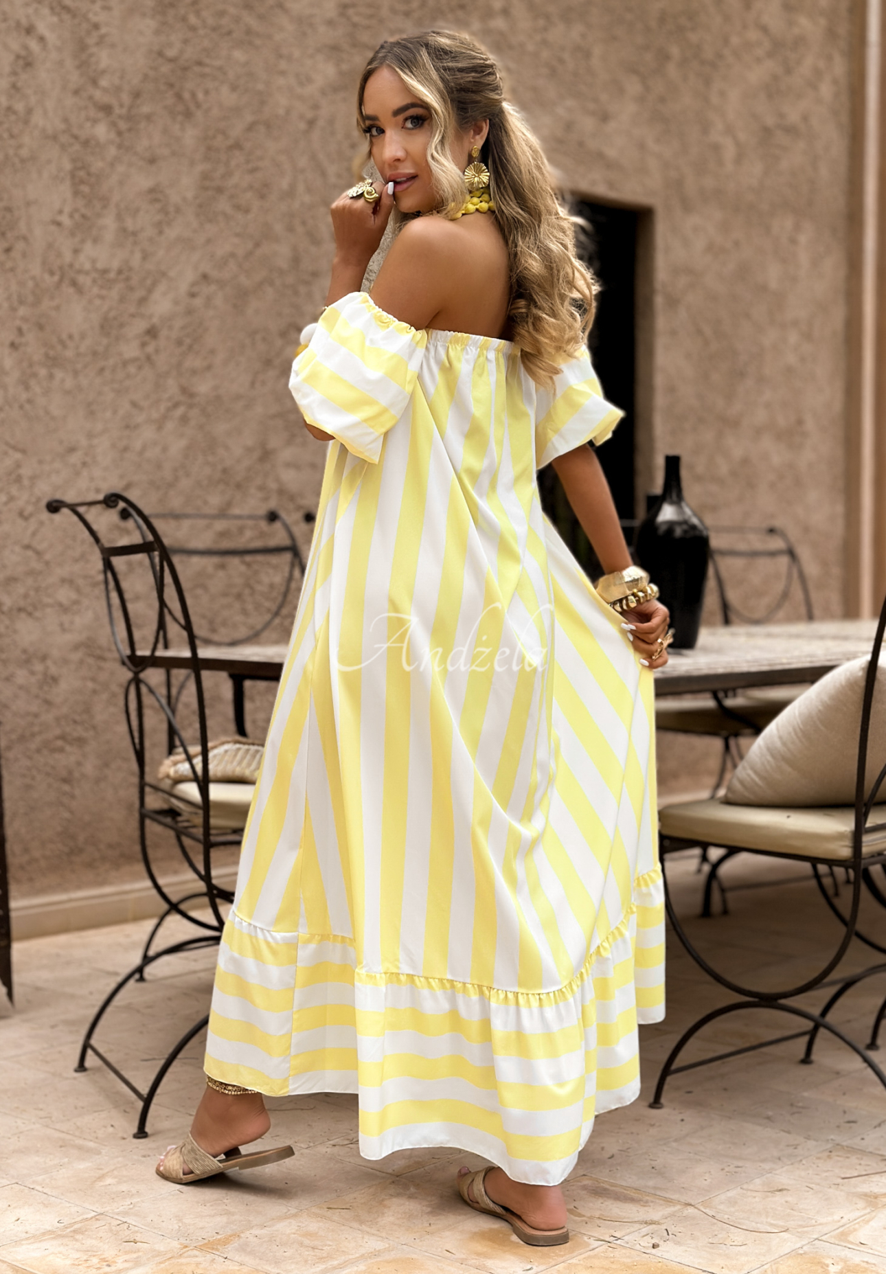 Gestreiftes Off-Shoulder-Kleid Gloria weiß-Gelb