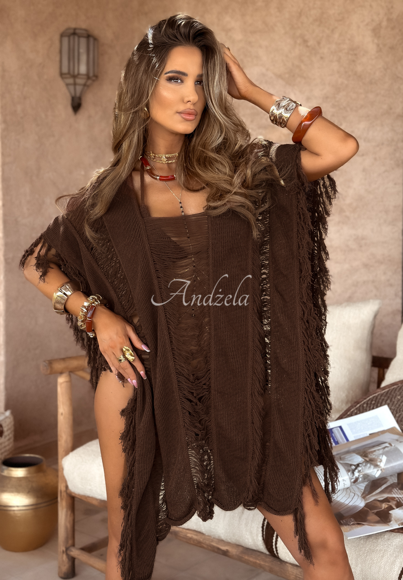 Durchbrochenes Strandkleid mit Fransen boho Agafay Desert Schokoladenbraun