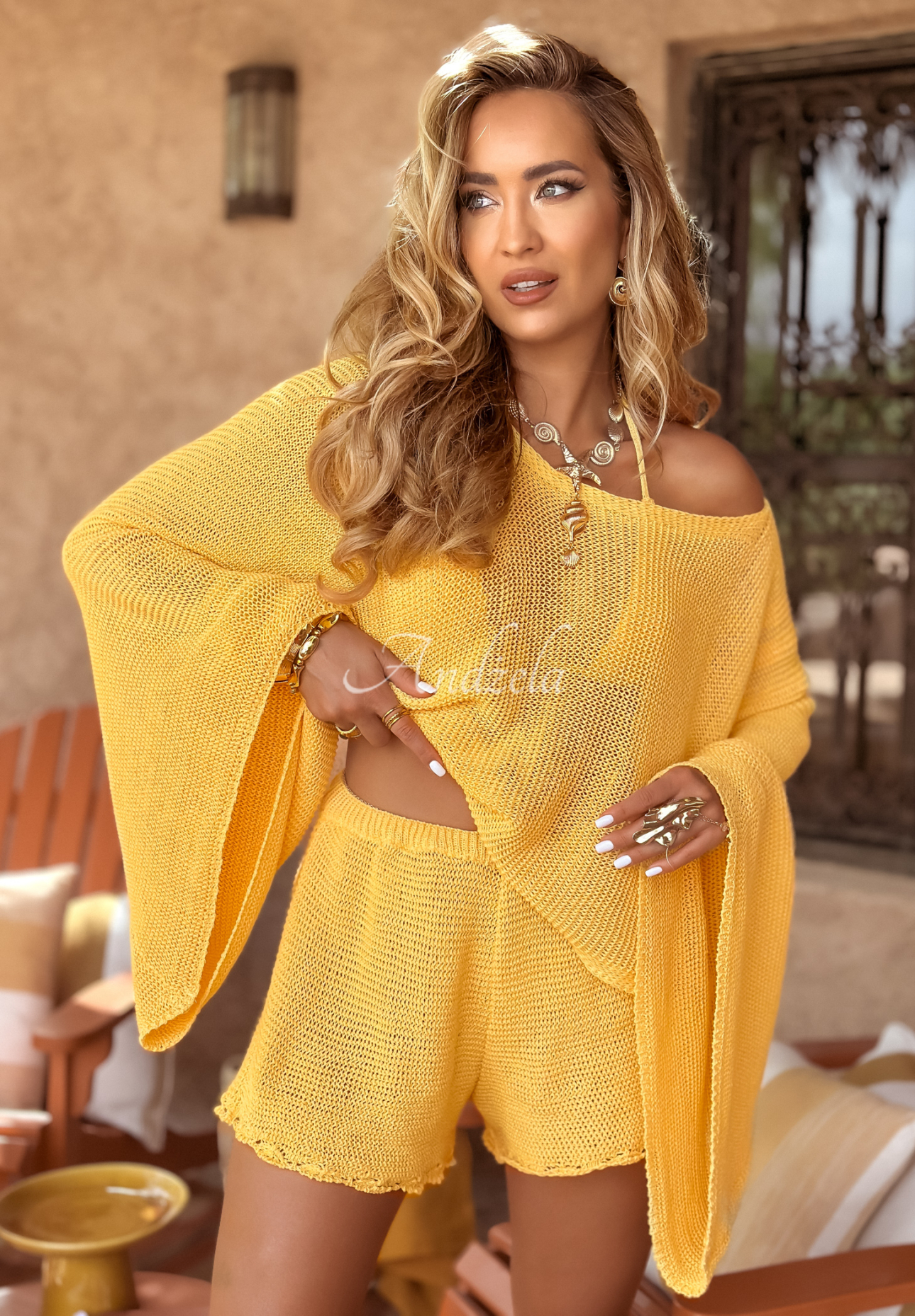 Kurze durchbrochene Shorts boho Agafay Desert Bananengelb