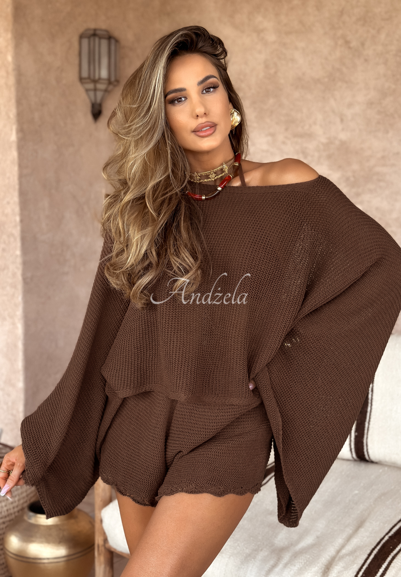 Kurzer durchbrochener Pullover mit weiten Ärmeln boho Agafay Desert Schokoladenbraun
