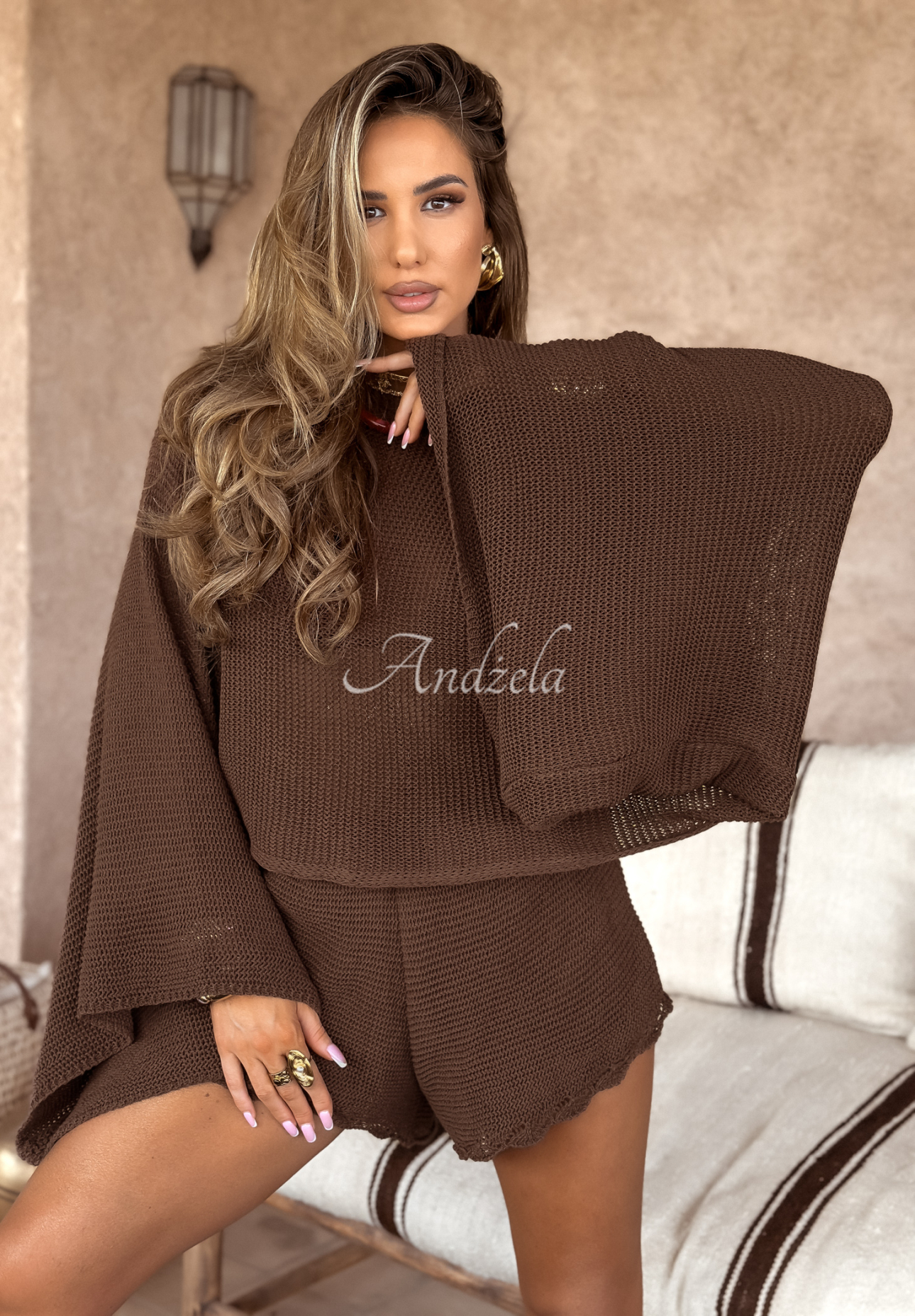 Kurzer durchbrochener Pullover mit weiten Ärmeln boho Agafay Desert Schokoladenbraun
