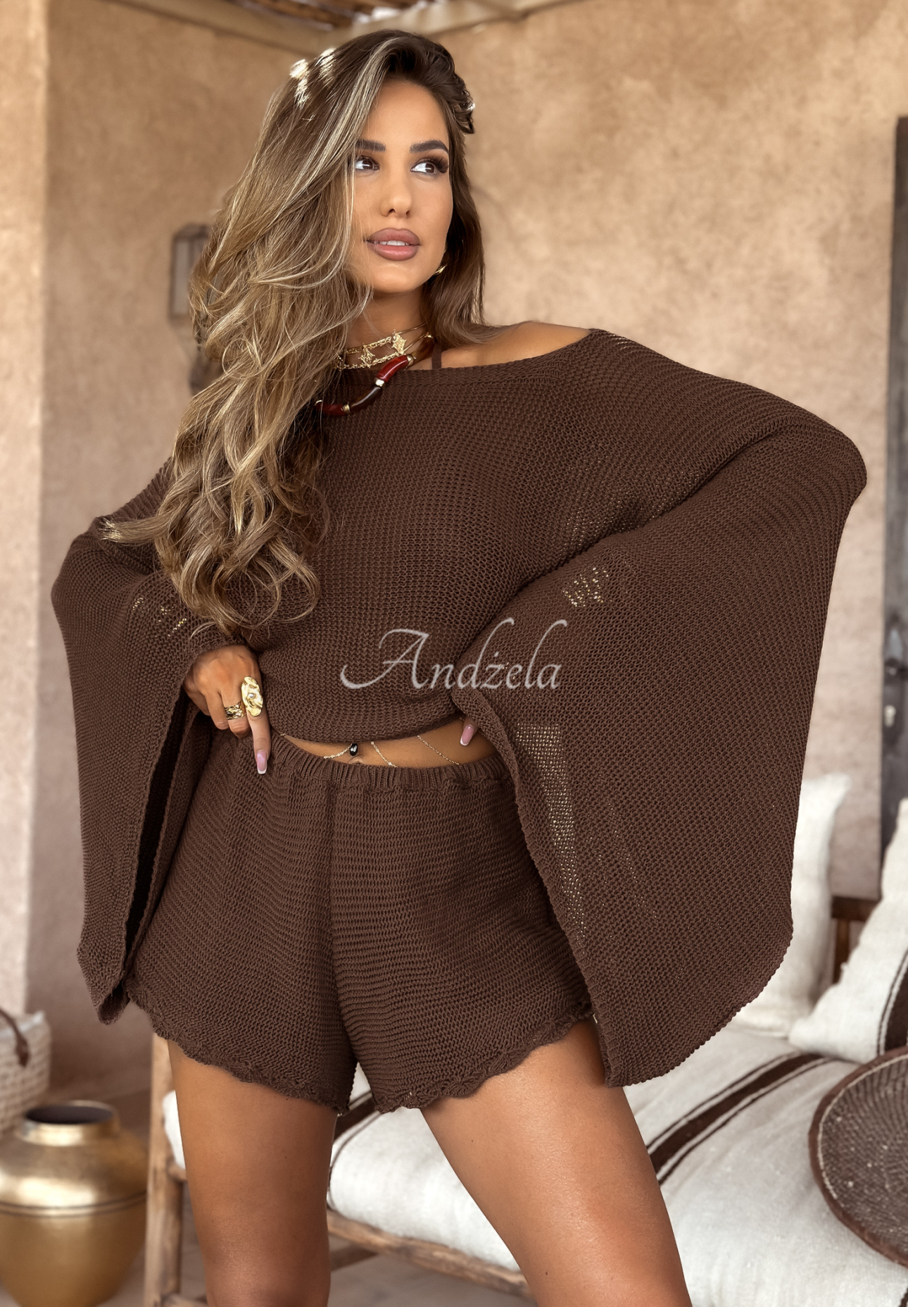 Kurzer durchbrochener Pullover mit weiten Ärmeln boho Agafay Desert Schokoladenbraun