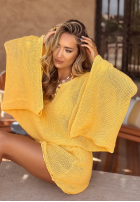 Krótki ażurowy Pullover z szerokimi rękawami boho Sunshine Perfection Bananengelb