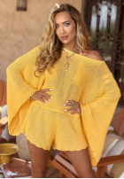 Krótki ażurowy Pullover z szerokimi rękawami boho Sunshine Perfection Bananengelb