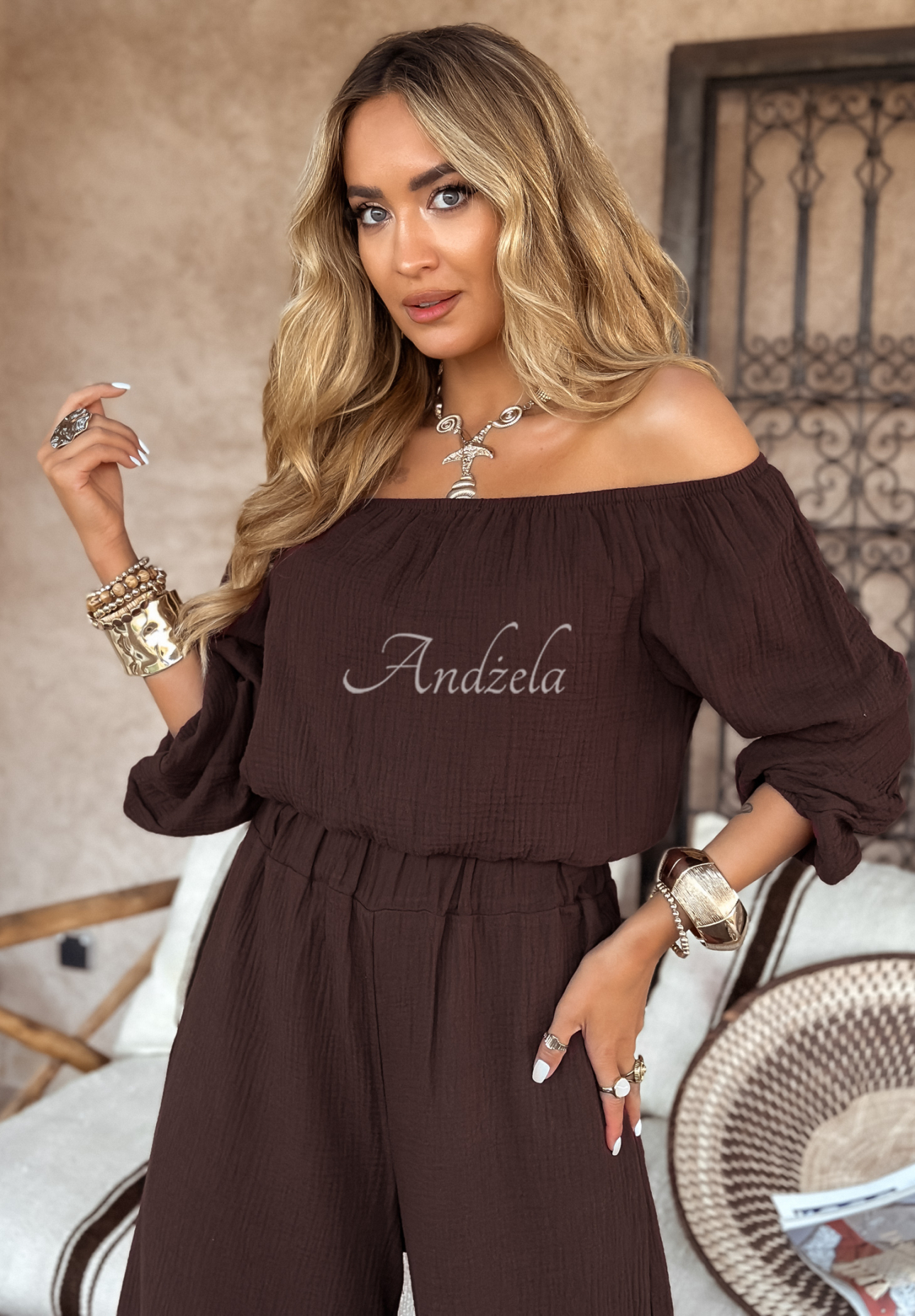 Musselinbluse im spanischen Stil Malta Schokoladenbraun