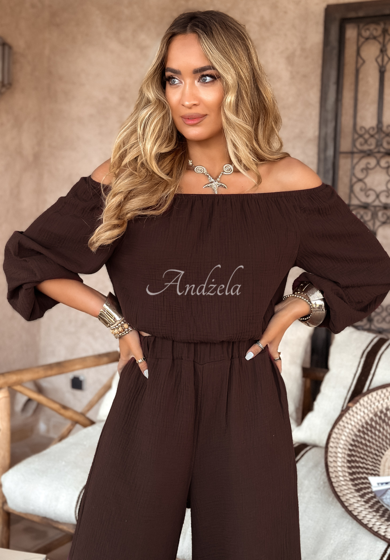 Musselinbluse im spanischen Stil Malta Schokoladenbraun