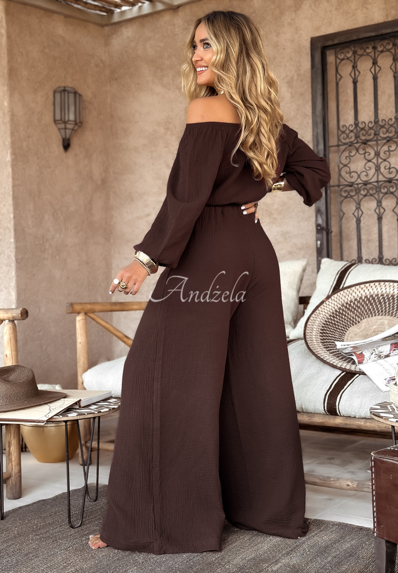 Musselinbluse im spanischen Stil Malta Schokoladenbraun