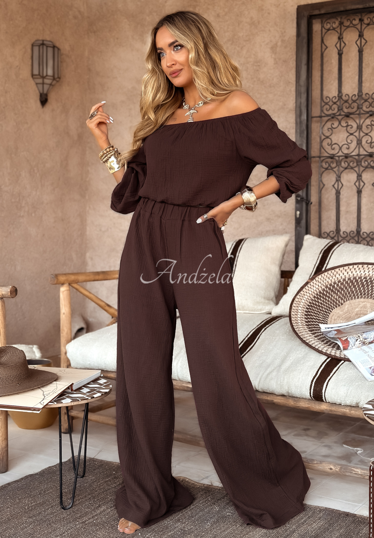 Musselin-Hose wide leg Malta Schokoladenbraun