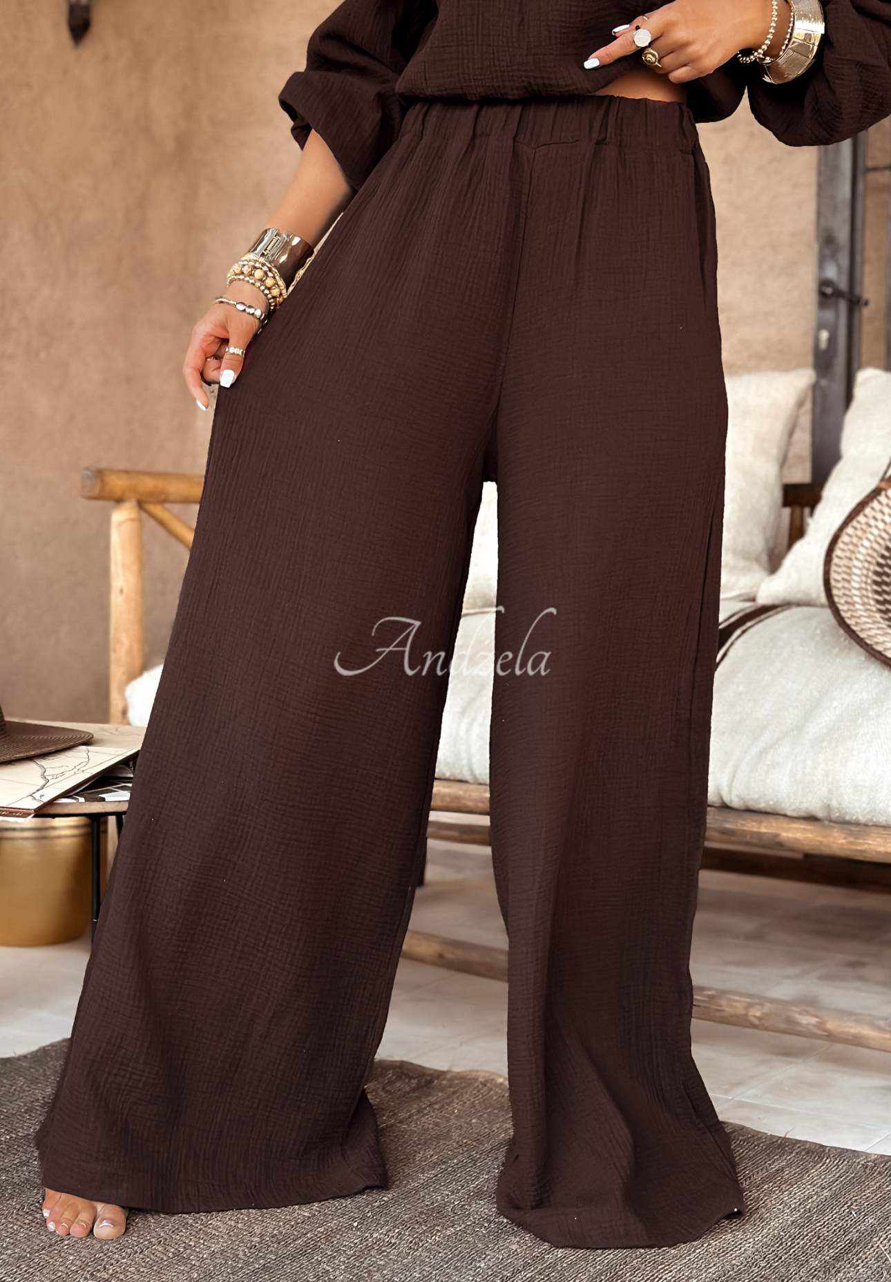 Musselin-Hose wide leg Malta Schokoladenbraun