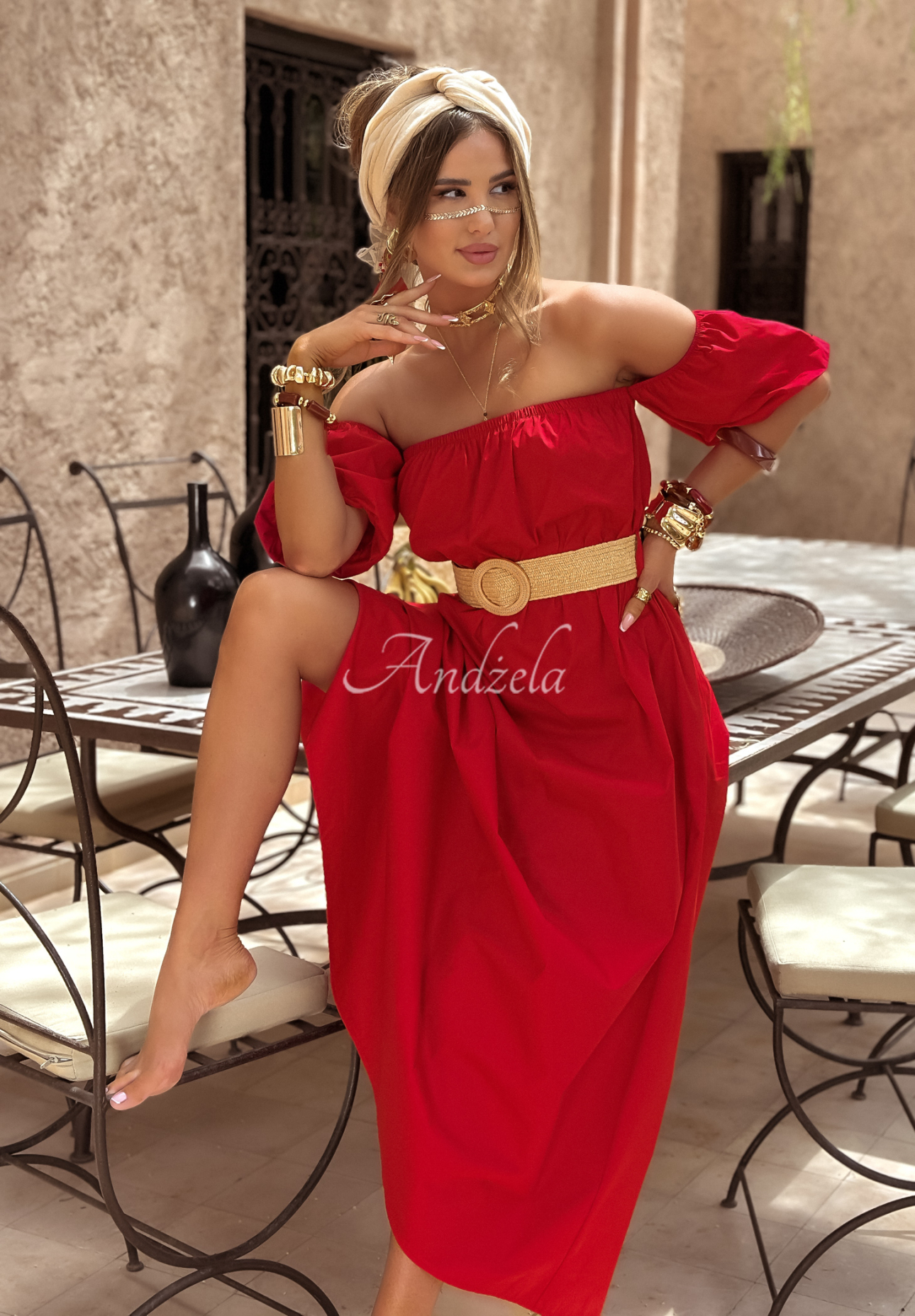 Offshoulder Kleid mit Gürtel Casablanca Rot