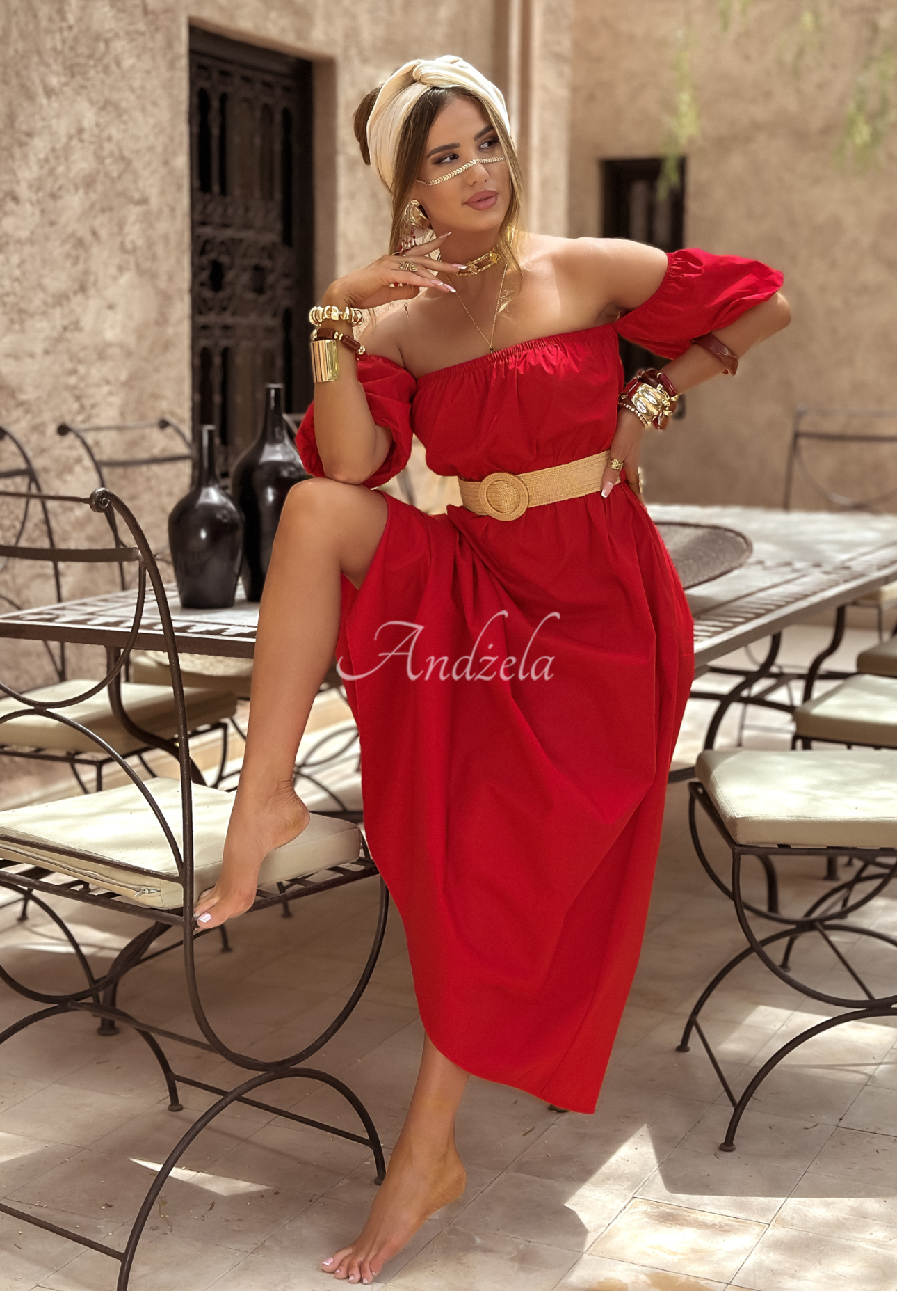Offshoulder Kleid mit Gürtel Casablanca Rot