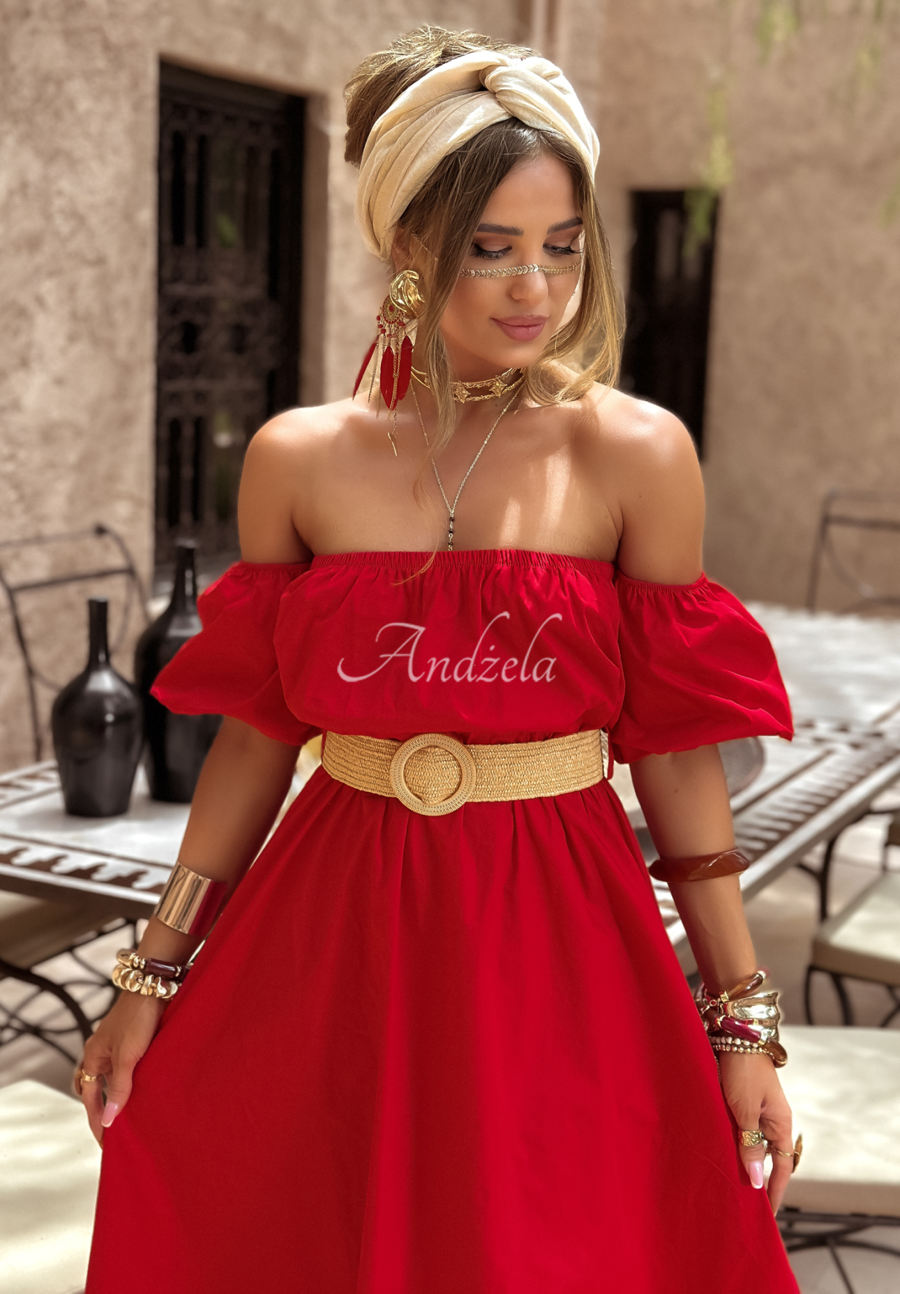 Offshoulder Kleid mit Gürtel Casablanca Rot