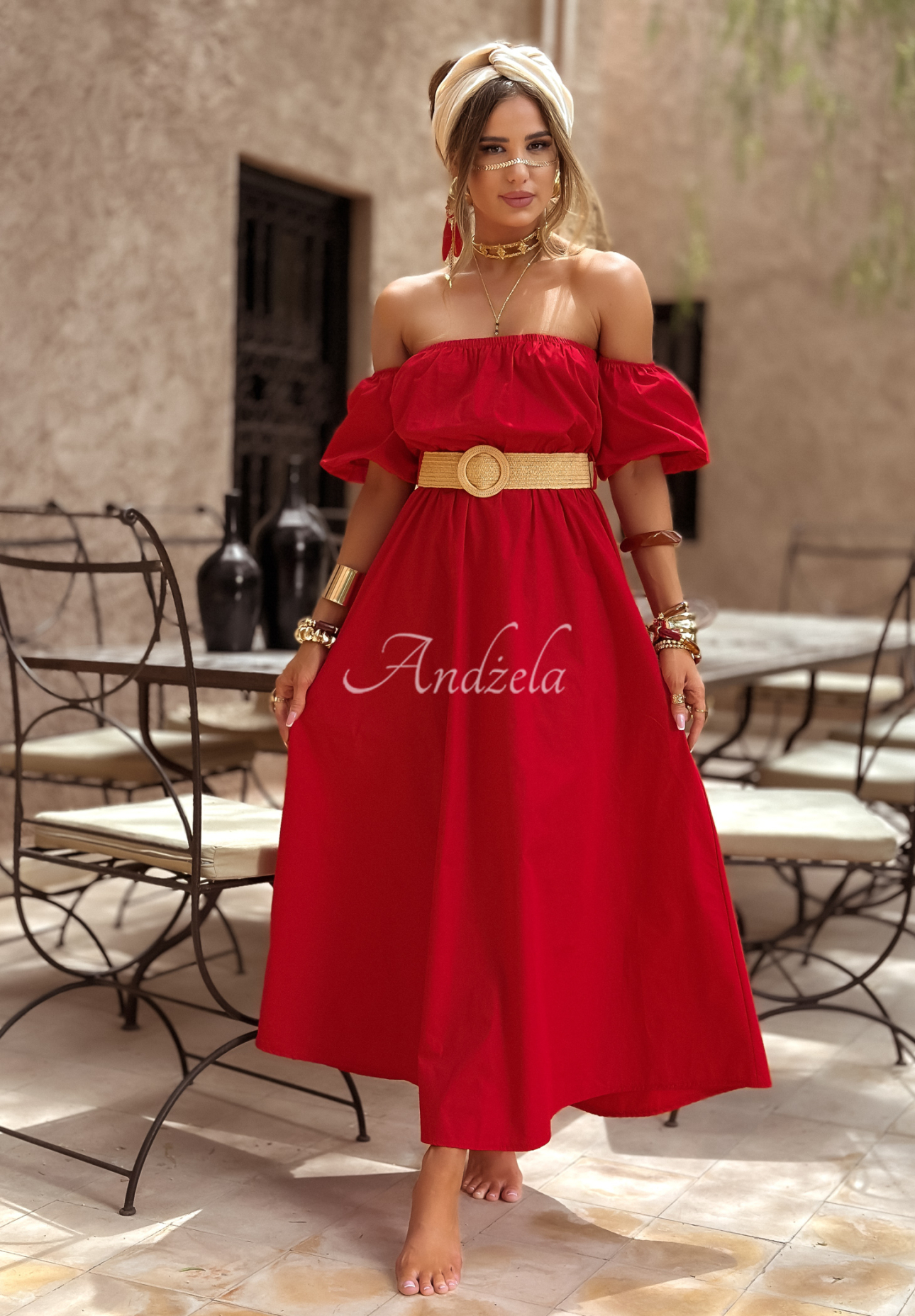 Offshoulder Kleid mit Gürtel Casablanca Rot