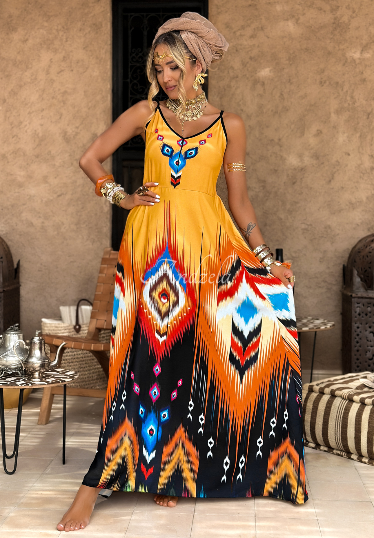 Gemustertes Kleid maxi mit Trägern Ananya Orange