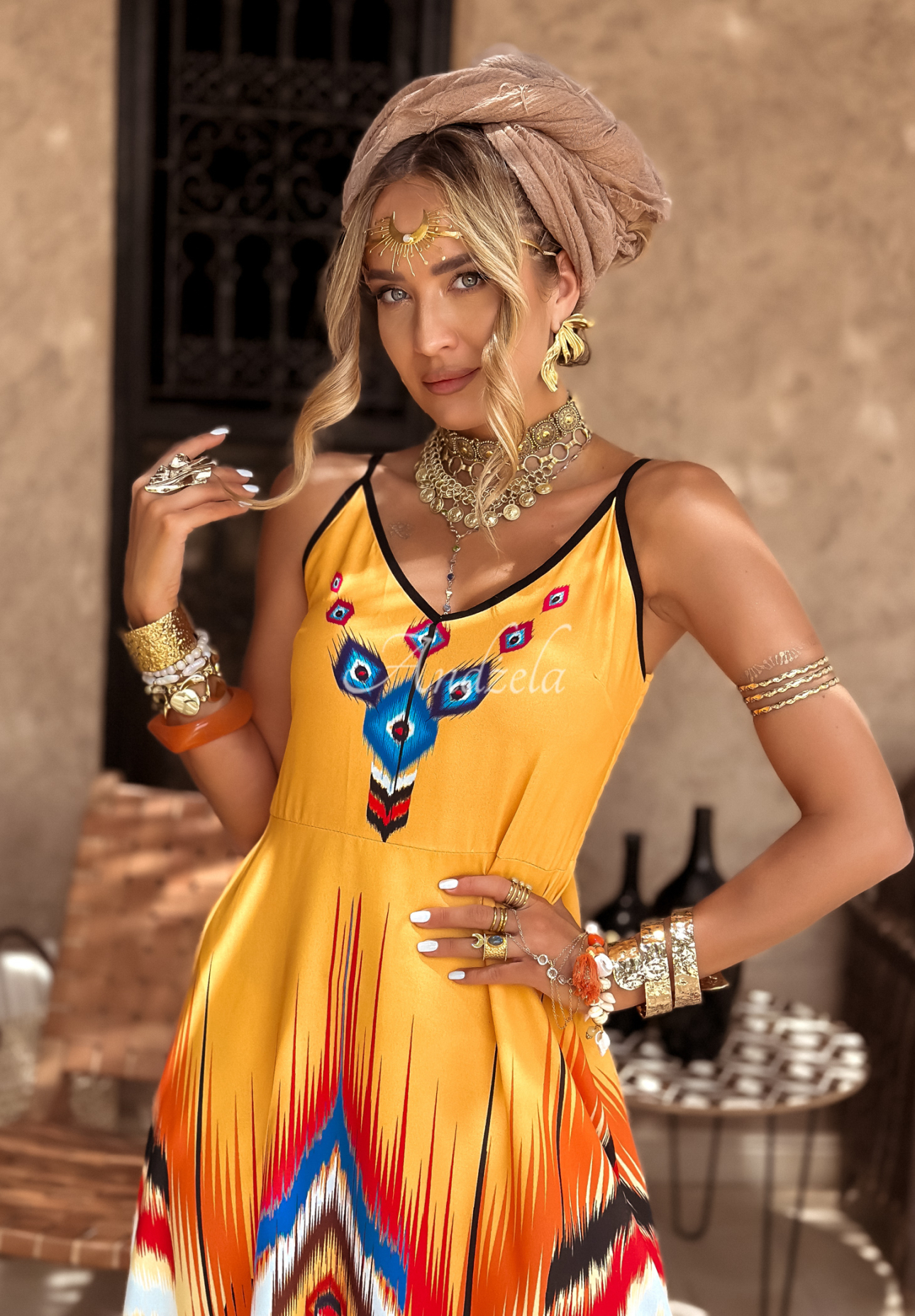 Gemustertes Kleid maxi mit Trägern Ananya Orange