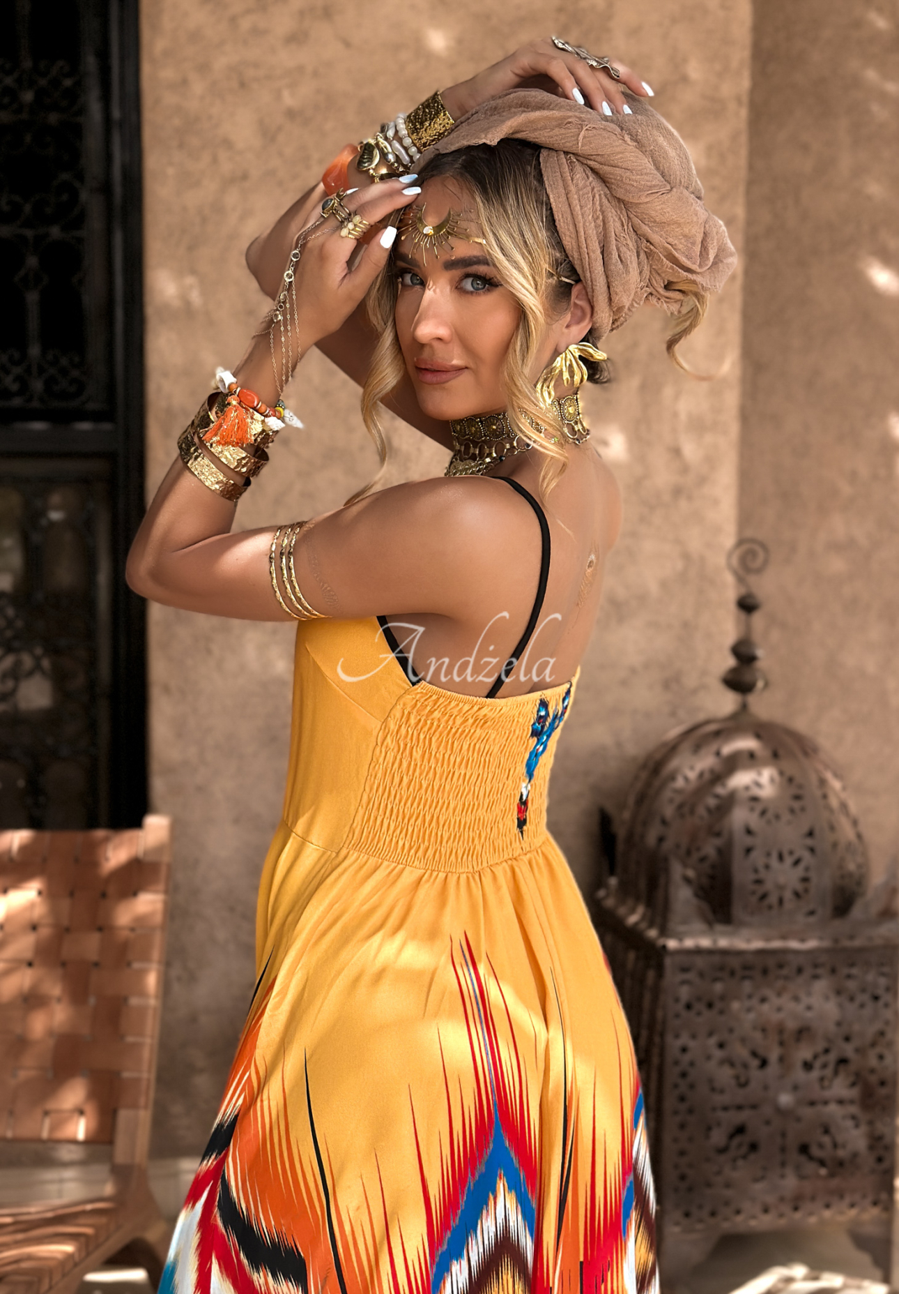 Gemustertes Kleid maxi mit Trägern Ananya Orange