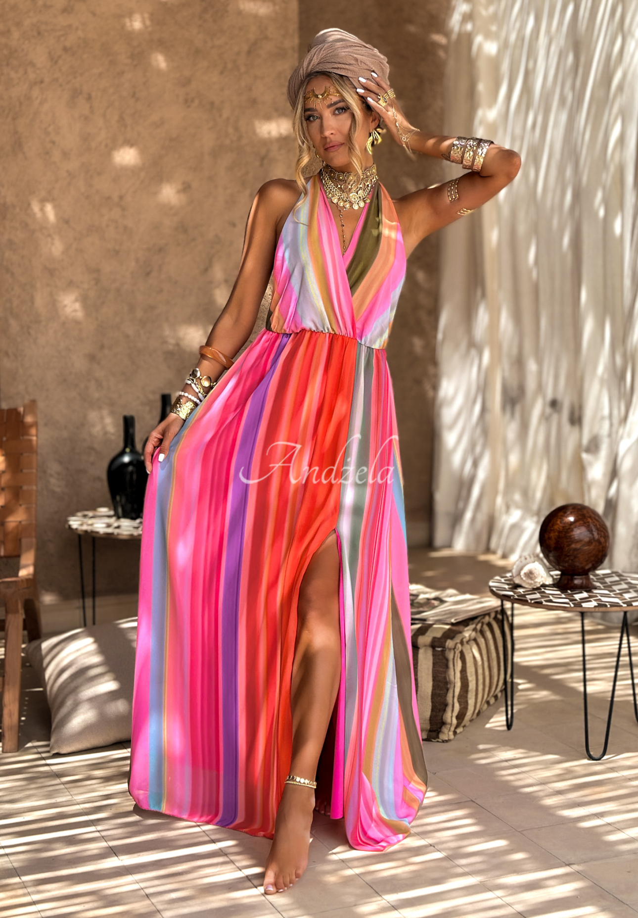 Gemustertes Kleid maxi Colorful Sun Rays orange-rosa