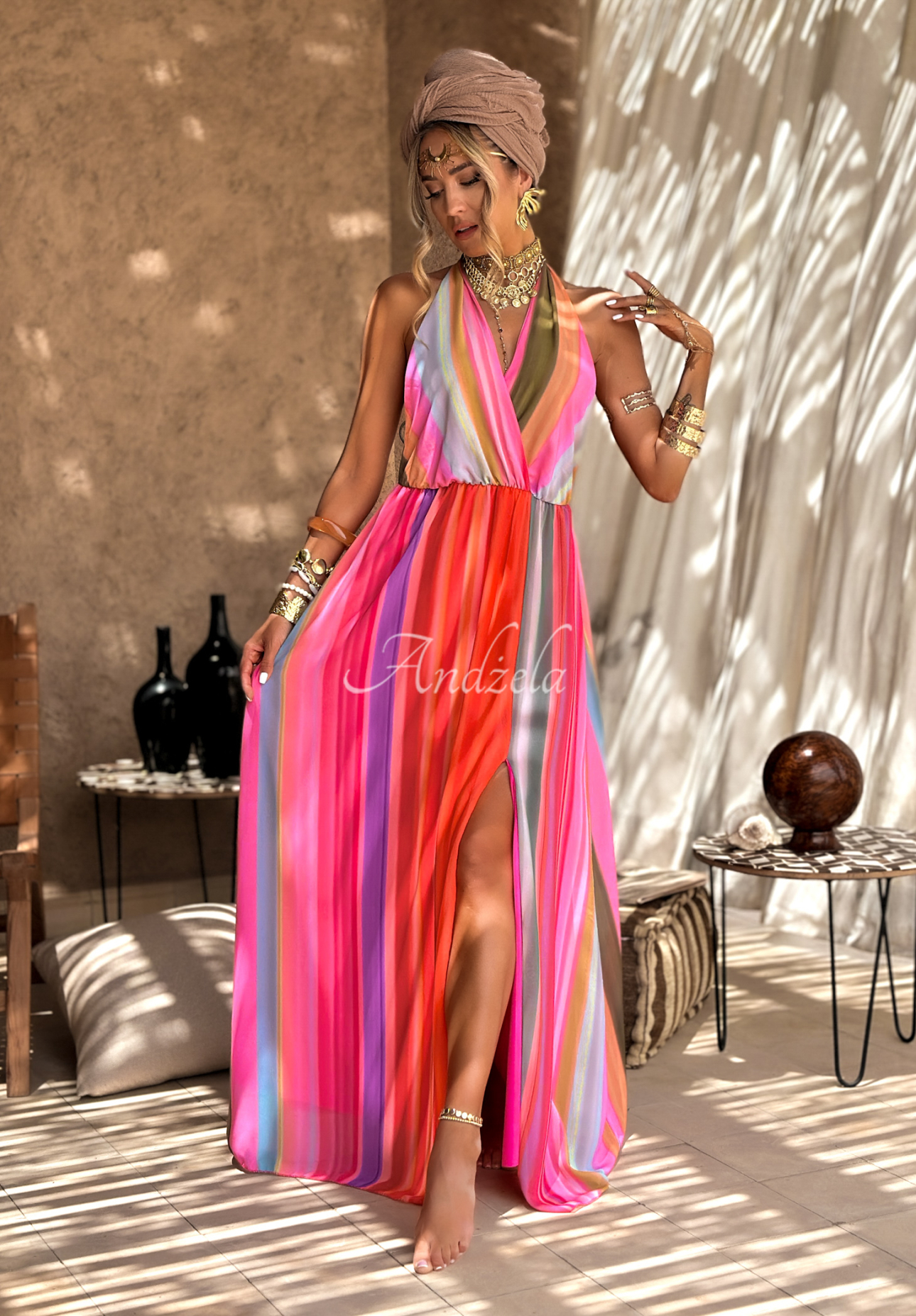 Gemustertes Kleid maxi Colorful Sun Rays orange-rosa