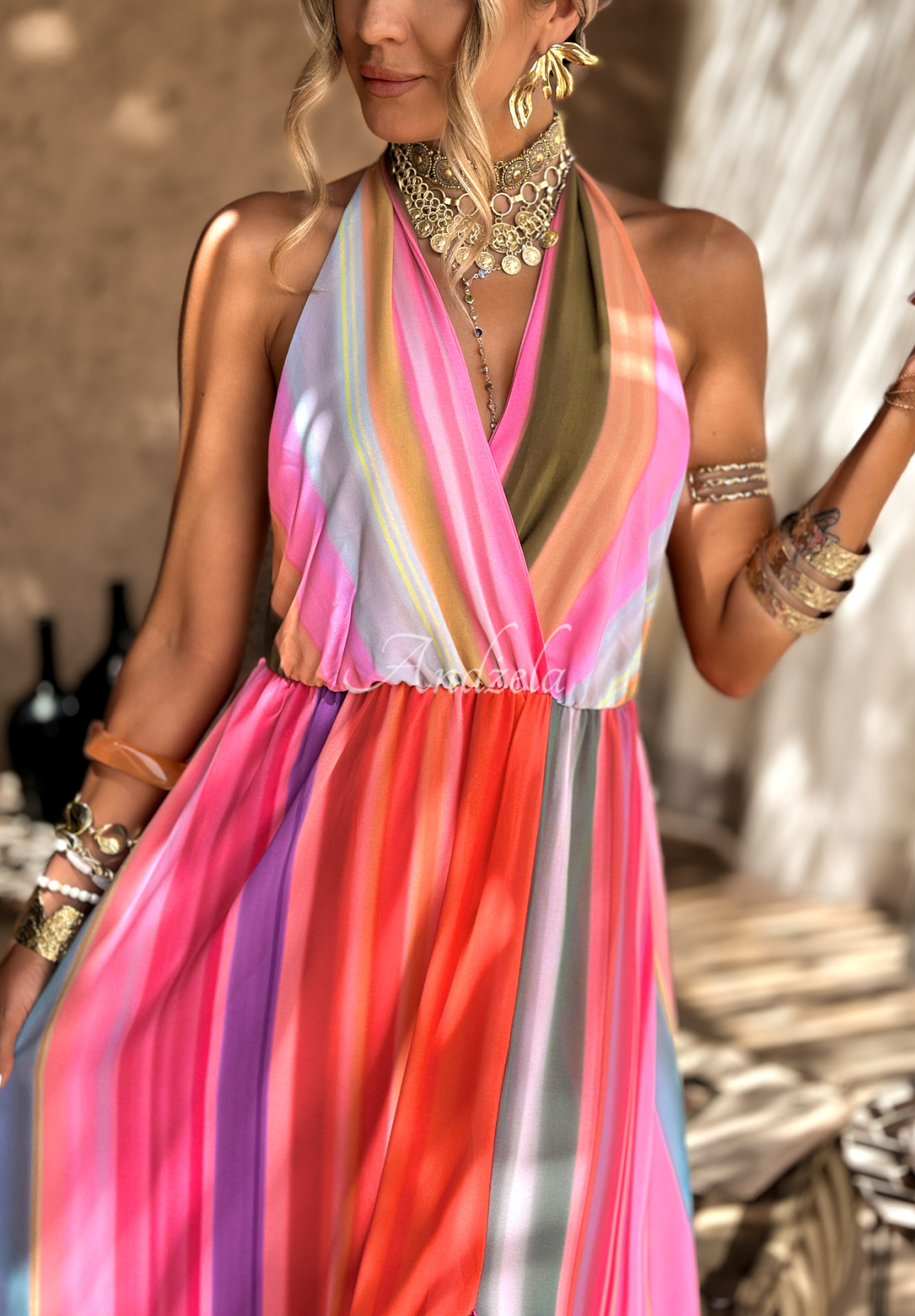Gemustertes Kleid maxi Colorful Sun Rays orange-rosa