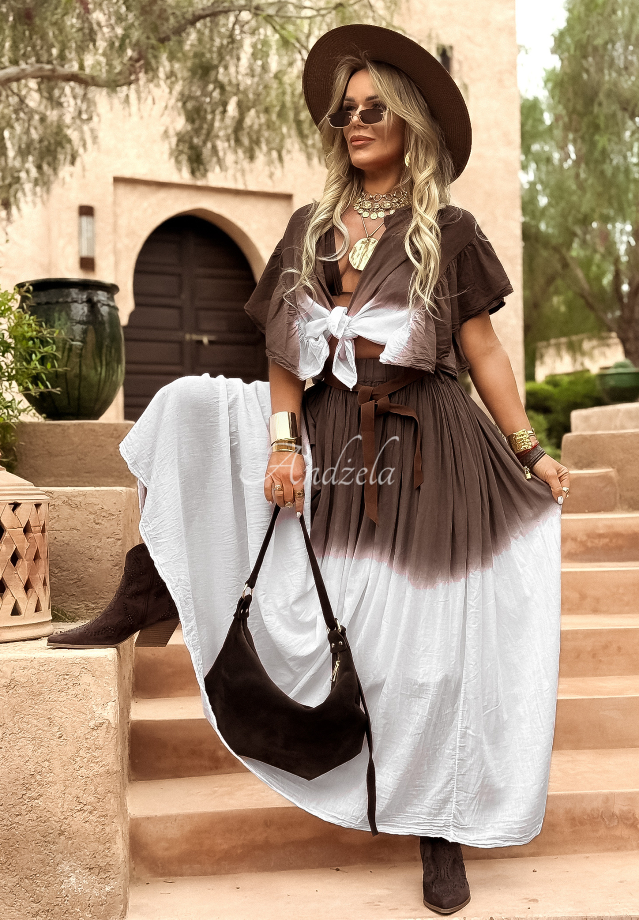 Hemd mit Bindeband ombre Moroccan Chocolate weiß-braun