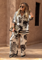 Wzorzysty Set Bluse i Hose wide leg Exotic Retreat biało-Schwarz