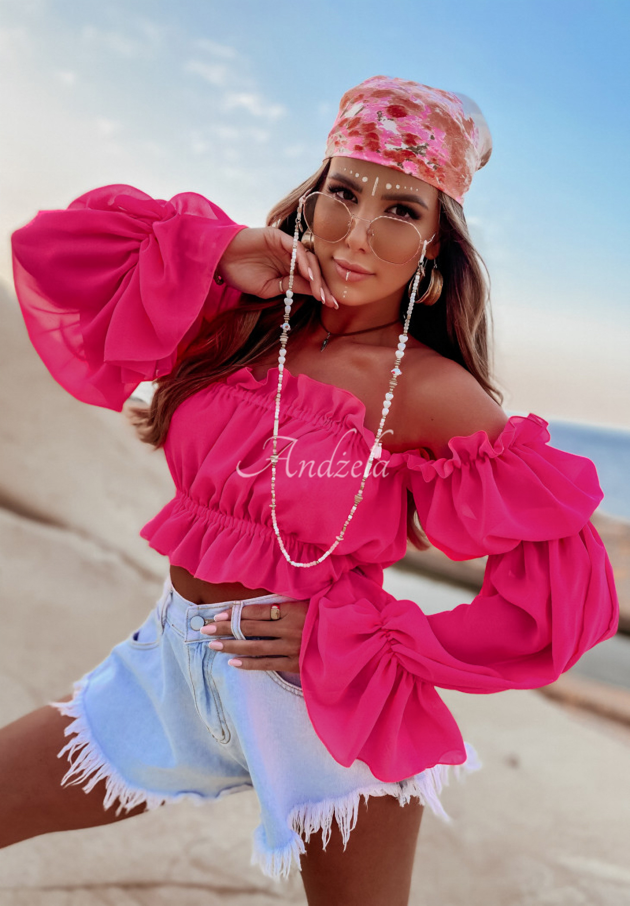 Kurze Bluse im spanischen Stil Monaco Fuchsia